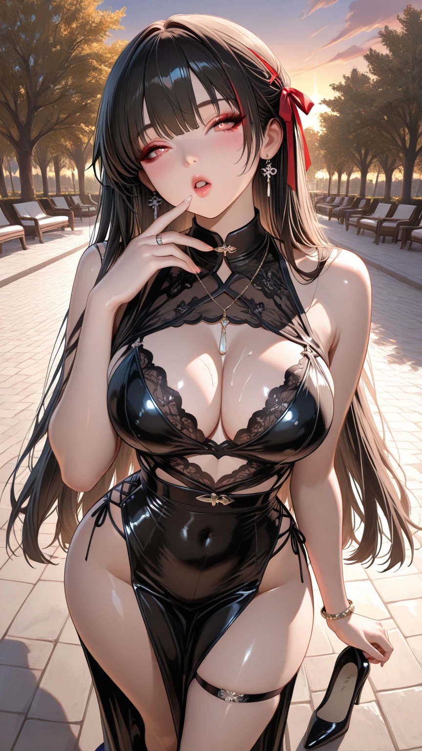 4K,High resolution, (Highly detailed CG,8k,wallpaper)、One young ,((Young Girl)),(Clean detailed eyes),(((Huge breasts))),(Beautiful and shapely breasts),（baby doll),(Black Hair,Pink inner color hair)