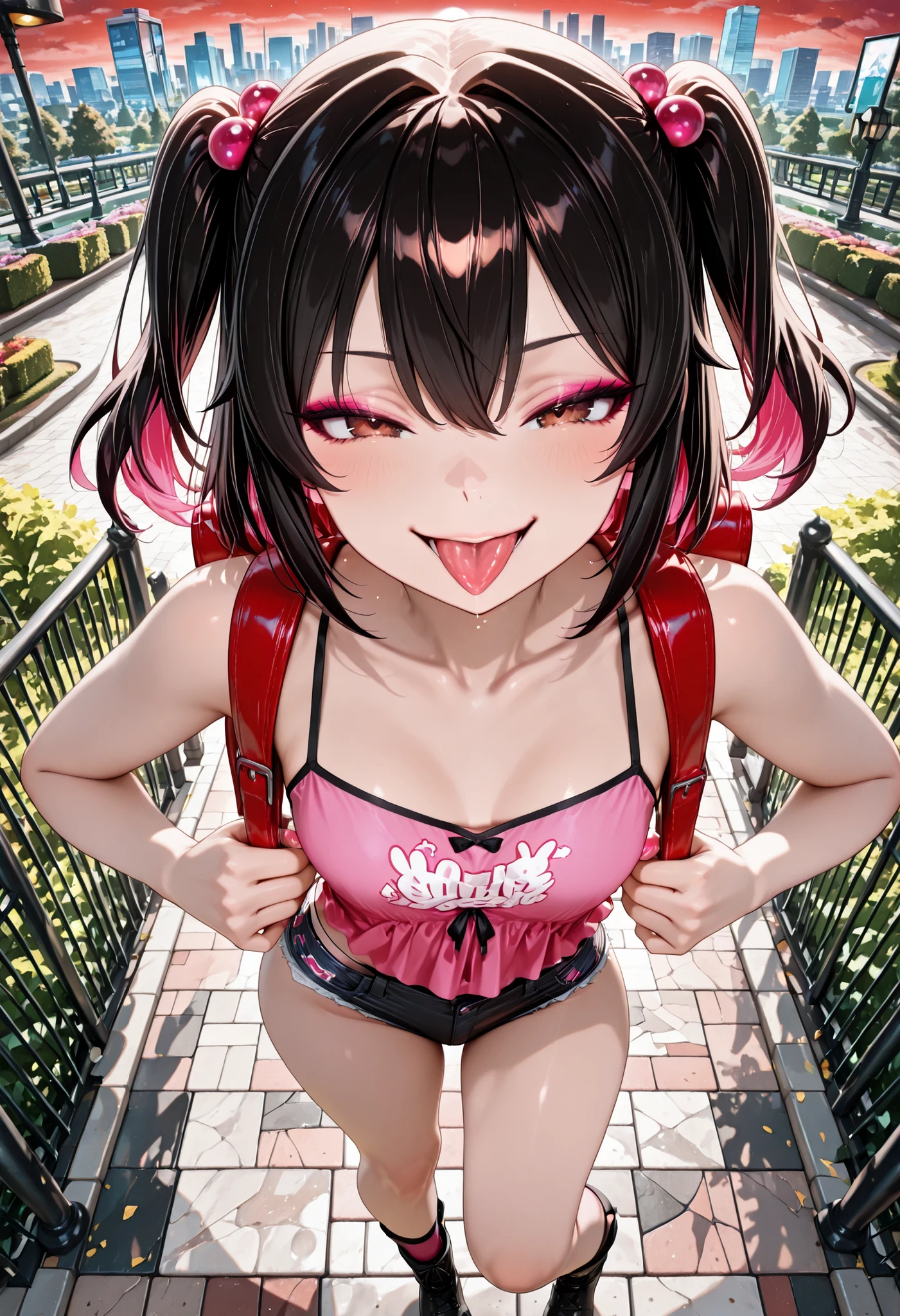 (masterpiece:1.3), 8k, Highest Quality, super high resolution, (1  rice girl), anime girl sticking out her tongue with a mischievous expression, Red sunset sky city background, I have short black hair,  double sided up, Beautiful brown eyes with reflection in every detail, and wear black eyeliner and pink eyeshadow, She's wearing a body-perfect silk camisole, carry (satchel backpack), micro shorts, LOWEST QUALITY, black boots, Highly detailed, brightly colored, ultra-detailed animated illustration,   rice, teasing smile, Smag Expression, Confident Poses Fucked By Force, From the front, 