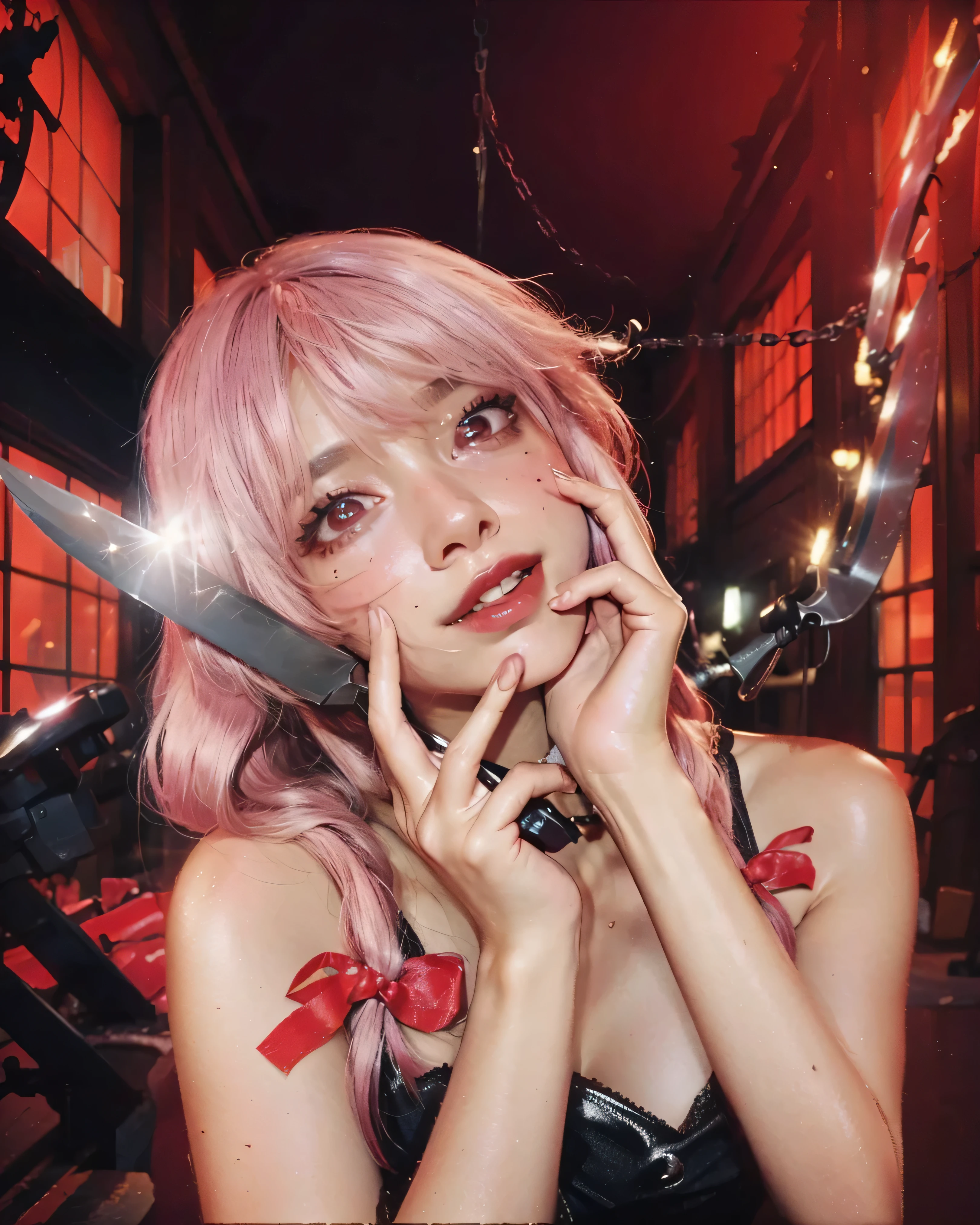 ((GASAI YUNO_MIRAI NIKKI)),((realistic, photorealistic)),(highlight hair)), Light reflection, (( HD )),((upper body)), (((best quality, masterpiece))), (masterpiece) (best quality) (detail) (8k) (HDR) (wallpaper) (cinematic lighting) (sharp focuasterpiece, best quality: 1.1), Real life adaption of this character, realistic outfit, realistic shadow, realistic light, realism, hyper realistic, realistic background,realistic hair,(photorealistic:1.2), (masterpiece: 1.2), (best quality: 1.3), (clear details: 1.3), ((((ultra-detailed)))), ((detailed eyes)), (extremely detailed face:1.4), (highly detailed eyelash:1.6), masterpiece,best quality,ultra-detailed,very aesthetic,absurdres,,8k,best quality,masterpiece,(ultra-detailed),(high detailed skin),symmetrical,(half body),((-style :1.2)(Young woman:1.2), (Asian ethnicity:1.2), (Young Asian woman:1.2), (age:20:1.1), pink wig, holding a bloody knife, looking at viewer, expressive, seductive expression:1.2, detailed facial features:1.3, posing, (black dress:1.2), red ribbons, (chains:1.1), dark gothic alley, red lighting, bloody, (high detail:1.3), dramatic lighting, centered, shot from eye-level, digital art, sharp focus, (intricate details:1.2), artstation quality, 8k resolution,A young Asian woman, likely in her early twenties, is centered in the frame. She wears a pink wig and a black, strappy top, adorned with small red bows on her shoulders. She holds a large, bloody knife in her right hand, positioned near her face, and her left hand is gracefully touching her cheek. Her expression is a mix of playful and slightly crazed, with a smile and open mouth. The background is a dimly lit, stylized environment, featuring blurred red windows and heavy chains, suggesting an industrial or sinister setting. The lighting is predominantly red, casting shadows and emphasizing the dramatic mood. The woman’s skin is fair, and her makeup is styled. The composition is a close-up, focusing on the woman and ((perfect hands,perfect anatomy)