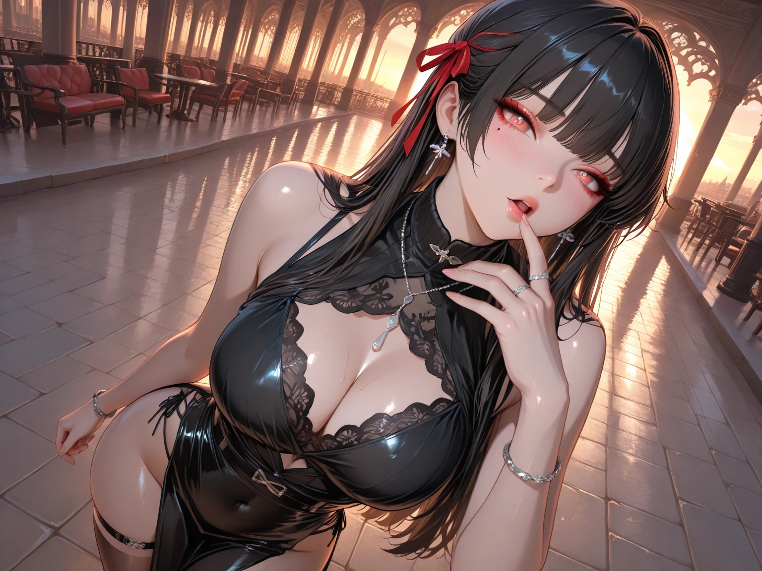 Masterpiece, high quality, 8k, ultra detail, 1 girl, large ??????, ((strict dress)), smille, red lip, (night), outdoors, ((armpits poses))