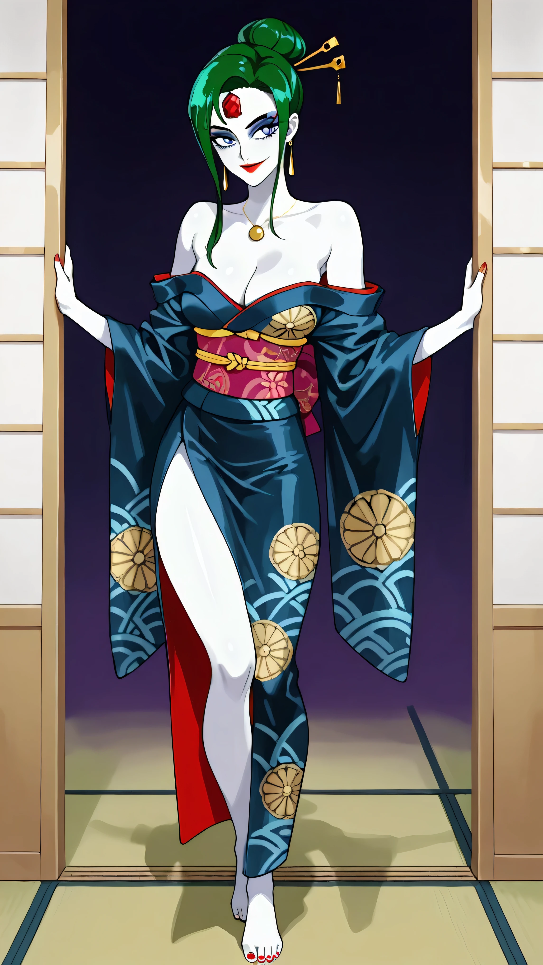 score_9,score_8_up ,score_7_up ,very cute girl:5.0, masterpiece, high image quality, ,perfect face:5.0, Very Cute Face, Retro Anime Style,one girl, , heavy makeup:9.0 , green hair, white skin:5.0 , Red jewel on forehead, Shiny Red Lipstick, Big bright blue eyes, Villain pose , solo, Smiling and Closed Mouth, Turn back , slightly larger breasts, Red Nails, Edo Japanese-style room , Gold Elongated Earrings, Very Mocking Eyes, Villain facial expression, with her mouth closed, very cruel mockery, flashy hairpin, Very fancy patterned kimono, Gold Round Pendant, Full Body, thin thighs, Barefoot, Shoulders, Bad face, Looking Back, dark blue kimono, cleavage