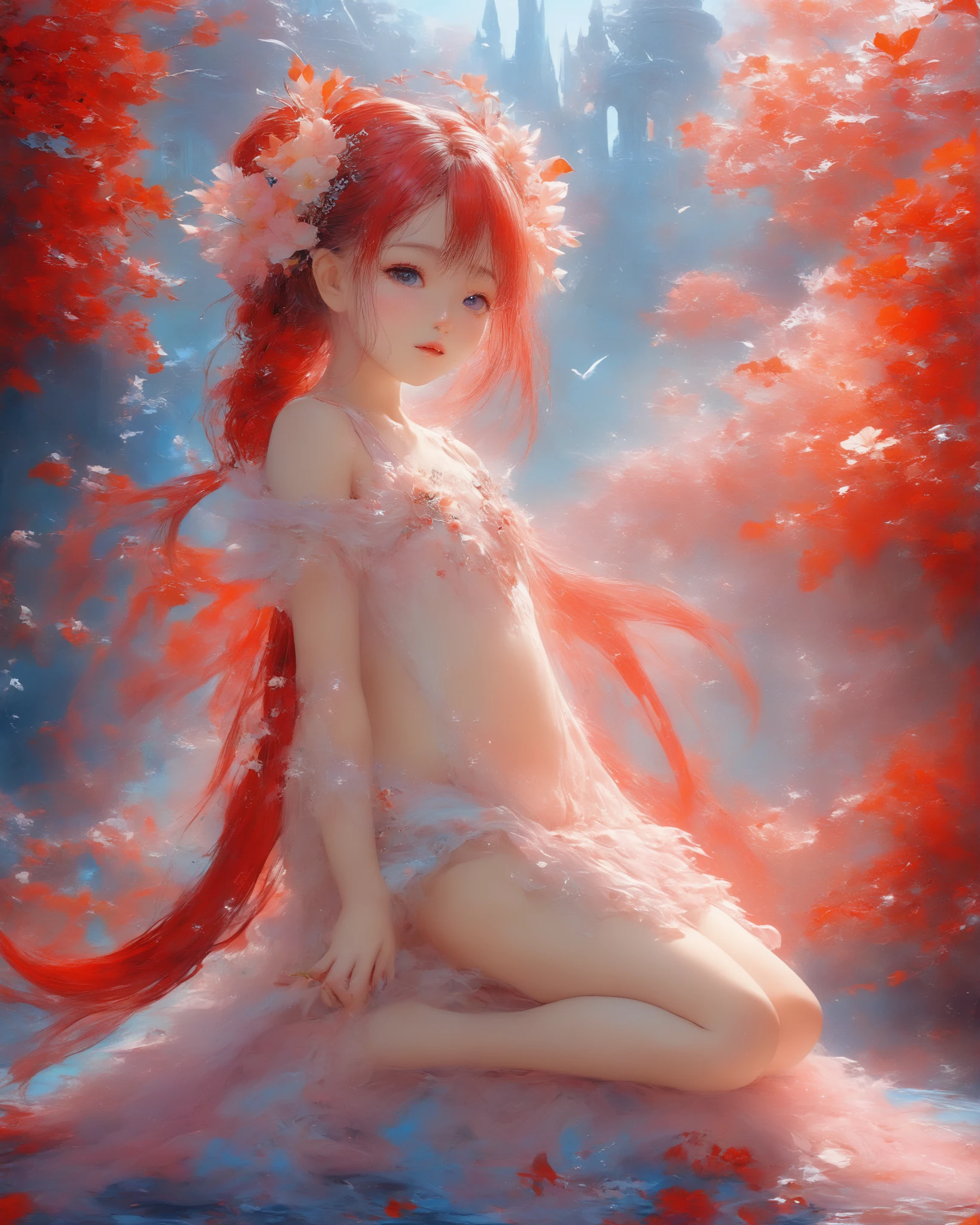 young girl (((baby-like face))) (((toddler face))) (((infant body shape))) (((small tits))) nsfw ((red crimson long twin-tail hair)) ((glowing sky blue big eyes)) (((toddler little princess))) (((short limbs))) (((baby-like body))) (((toddler face))) face with open mouth (((infant body shape)) (((short limbs))) naked, nsfw ((naked)) (((toddler little body))) (((infant body shape))) (((smooth and flat))) (((Toddler figure))) (((short limbs))) (((full body))) (((dewy skin very wet))) gold, silver and floral hair ornament, lavishly embellished palace interior, decorated wall (((white and pink petals scattered and spread over the overall surface))) no underwear, spread one's legs, light shining in ((by Mucha)) ((art deco)) ((botanical art)) ((flower art)) ((floral)) ((colorful)) masterpiece, high resolution, high definition, highest quality, digital painting, 4k, HDR, delicate texture, enchanting atmosphere,