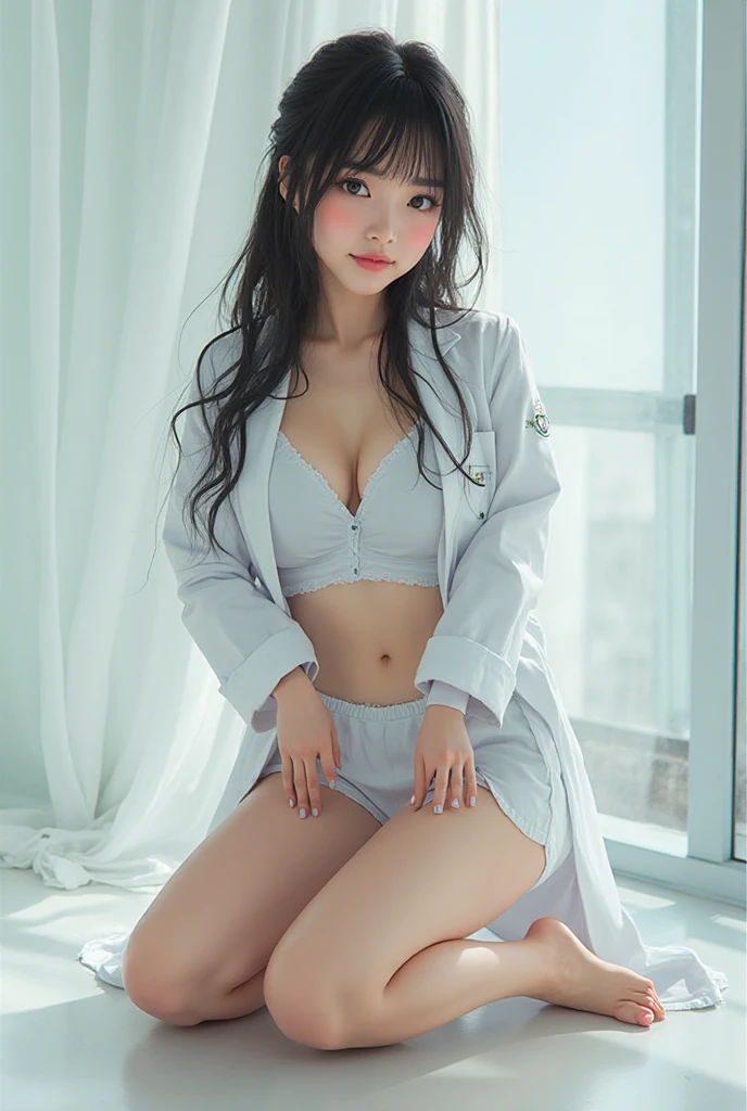 1 girl, alone, ?????, looking at the audience, Smile, clavicle, ???????????, ?????????, thigh, calf, foot, white nurse uniform, white, black skirt, indoor, lace, ?????????, ?????????, belly button