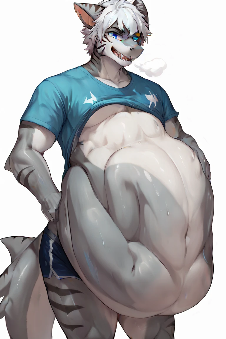 ????, a muscular massive powerful man standing in an alleyway, shark, huge hung ?????, massive ?????, open cargo shorts, by bebebebebe, by darkgem, by mystikfox61, cinematic lighting, ultra-detailed, 8k, photorealistic, award winning digital art, the hung ???? is growing too big, excessive ???????, ???? vore:1.9