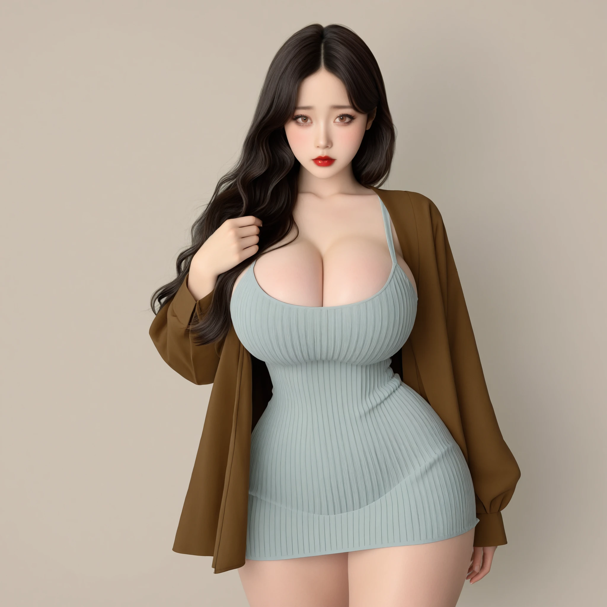 masterpiece, ultra-HD, impressionism, high detail, best quality, very aesthetic, 8K, best quality, beautiful, ultra-high resolution, 32K UHD, sharp focus, realistic, 3D, asian_korean, 1girl, solo, long wavy black hair, loose hair, parted bangs, almond-shaped eyes, brown eyes, eyelashes, black eyeliner, red lips, huge breasts, narrow waist, wide hips, thick thighs, shapely legs, slim, grey ribbed sundress, cleavage, brown jacket, blushed, shy, cute, standing, looking at the viewer, simple background, from the front view