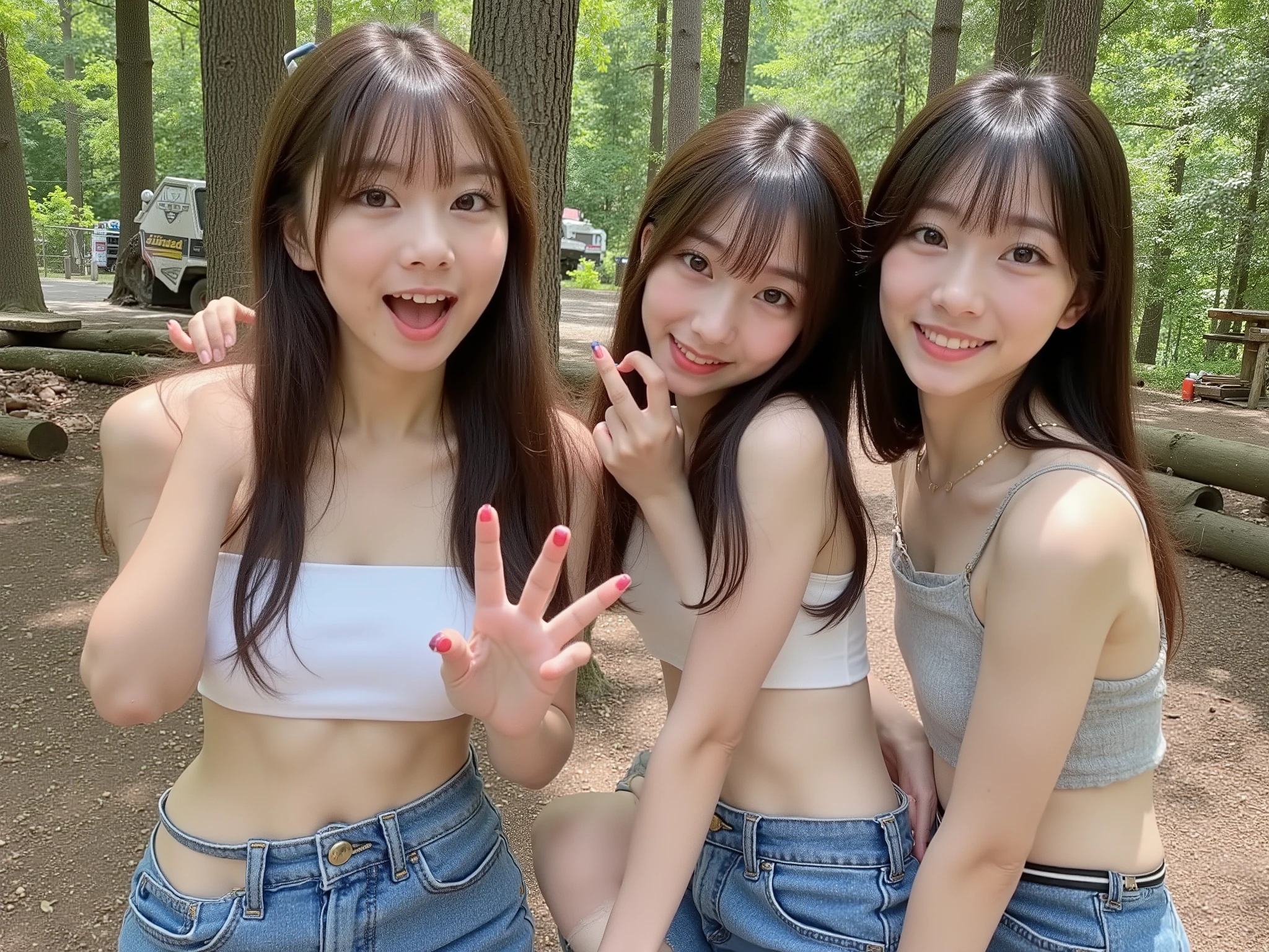 (((white tube top and blue low-rise denim shorts、belly button out、and my stomach sticks out、thighs、15 year old girls 、3 cute Japanese high school girls、))),everyone seems to be having fun at the campsite in the forest、Mr.々What kind of person 々,let's eat meat at BBQ together,everyone is smiling and having fun,Give me meat