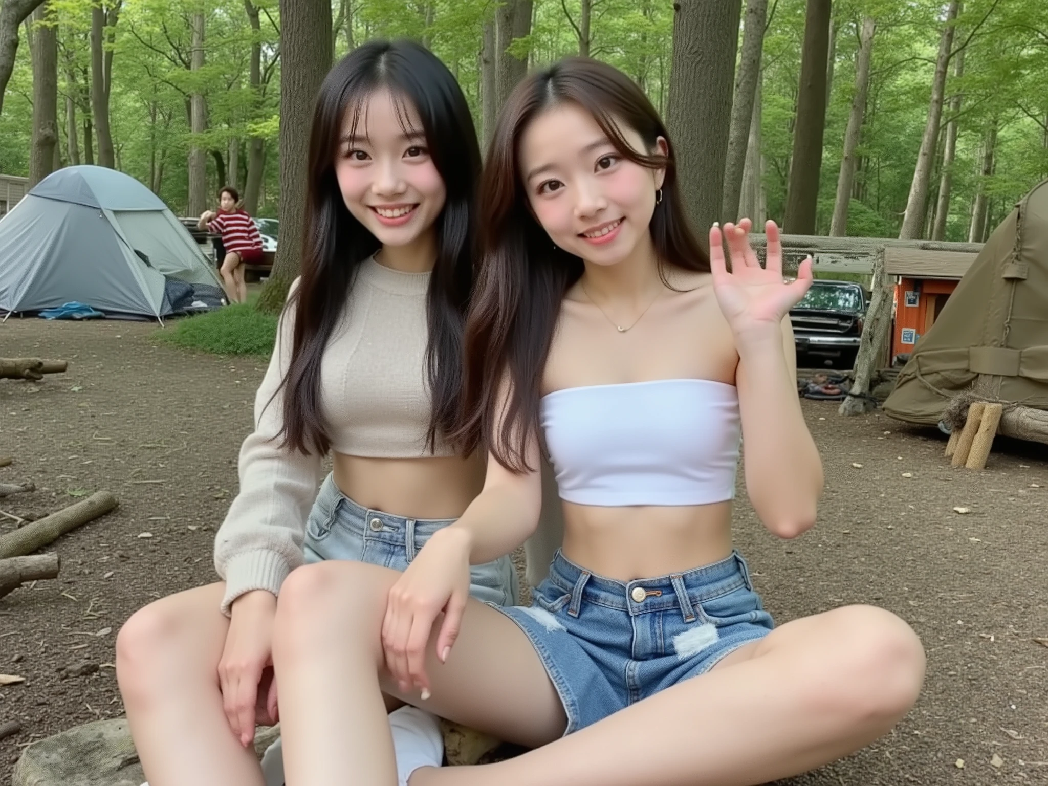 (((white tube top and blue low-rise denim shorts、belly button out、and my stomach sticks out、thighs、15 year old girls 、3 cute Japanese high school girls、))),everyone seems to be having fun at the campsite in the forest、Mr.々What kind of person 々,let's eat meat at BBQ together,everyone is smiling and having fun,Give me meat