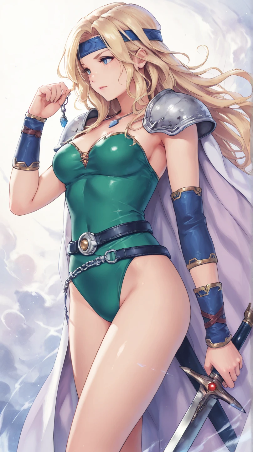 masterpiece, best quality, celes chere, blue headband, green leotard, white cape, blue belt, blue bracelets, contrapposto, upper body, looking at viewer, smile, closed mouth, village <lora:celes-nvwls-v2-000012:1.0>