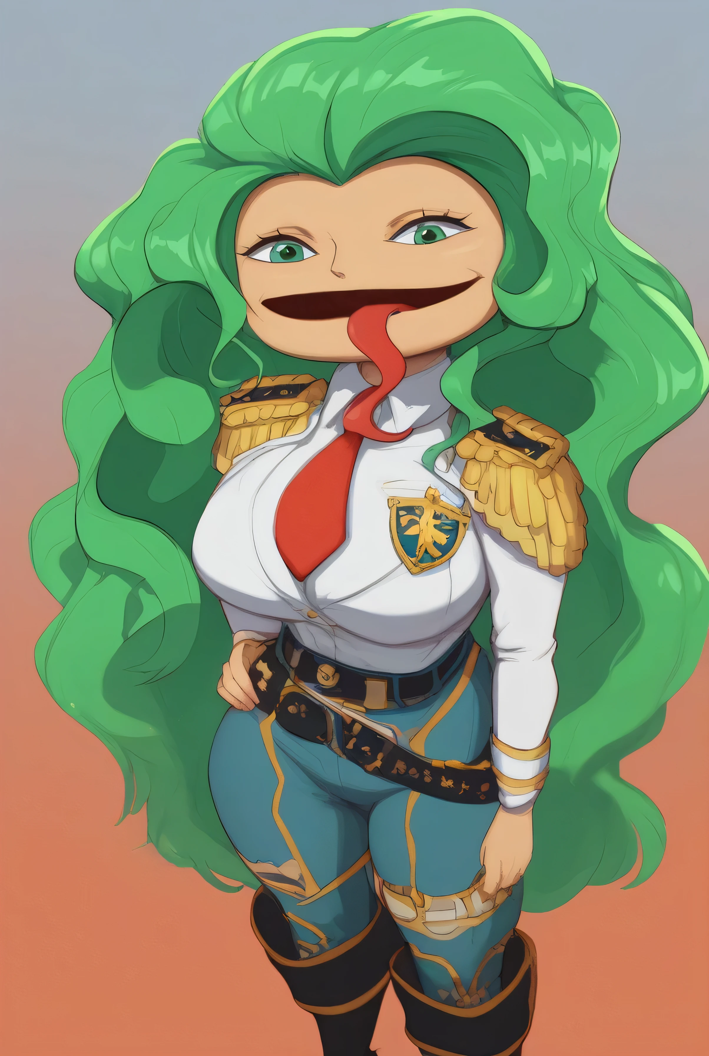score_9 , score_8_up , score_7_up , masterpiece , best quality , highly detailed, BoaSandersoniaOP, 1girl, solo, tall woman, disproportionately large head, wide head, green hair, long hair, wavy hair, green eyes, wide mouth, long forked tongue, tongue out, huge boobs, big busty boobs, large breast, D025, (color) military uniform, tailored jacket with gold buttons, trousers with red strips, white shirt, red tie, black knee-high boots, officer's cap, black belt, badge, shoulder patches