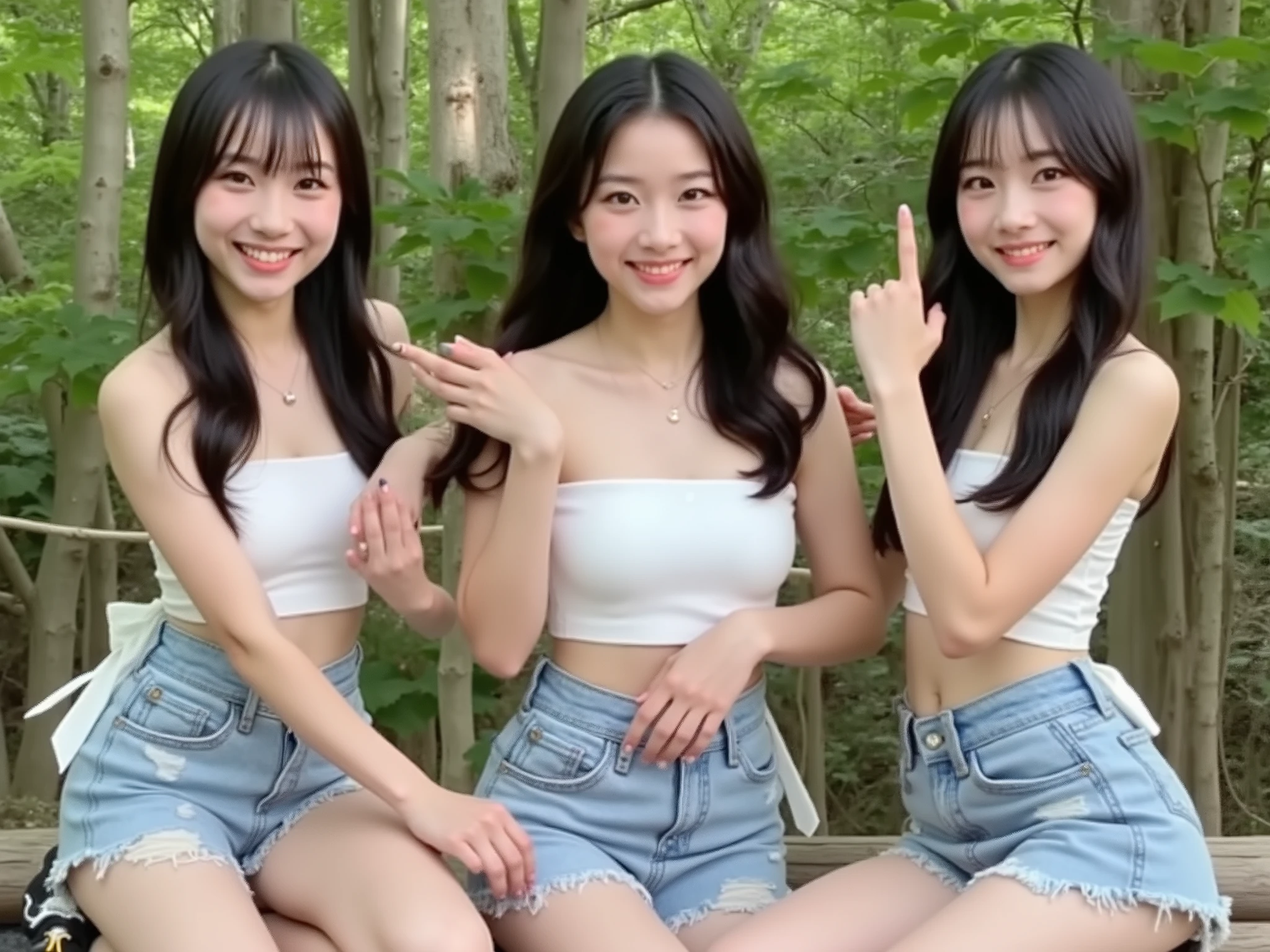 (((white tube top and blue low-rise denim shorts、belly button out、and my stomach sticks out、thighs、15 year old girls 、3 cute Japanese high school girls、))),everyone seems to be having fun at the campsite in the forest、Mr.々What kind of person 々,let's eat meat at BBQ together,everyone is smiling and having fun,Give me meat
、smiling face staring at viewers、sexy pose、Raise Your Arms to Show Your Armpits、Mr.々Hair length、