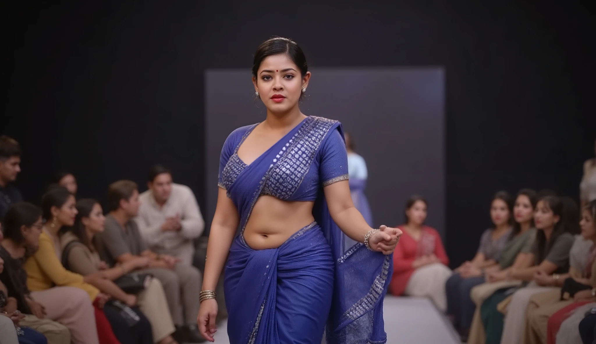 A gorgeous fit Indian model with perfect hourglass figure walking on fashion runway, toned athletic body with slim waist, enhanced voluptuous bust and curvy hips, wearing stunning royal blue silk saree with sleeveless bralette-style designer blouse with silver sequin work, deep neckline, toned flat stomach, well-defined curves, silver jhumka earrings and minimal jewelry, bold seductive expression, glamorous makeup with blue eyeshadow and pink lips, professional fashion photography, dramatic runway lighting with blurred audience background, FULL BODY SHOT from head to toe showing complete figure and feet, standing in confident runway pose, wide angle showing entire body, 8k ultra HD, 4k resolution, high definition model, photorealistic, ultra detailed, sharp focus, crystal clear, premium quality render, sexy sophisticated styling, royal blue saree draped elegantly with silver border, alluring confident pose

Negative prompt: overweight, fat, thick waist, heavy body, flat chest, skinny, distorted, extra limbs, deformed, blurry, low quality, low resolution, pixelated, cropped body, cut off legs, cut off feet, waist-up only, upper body only, zoomed too close, fully nude, explicit