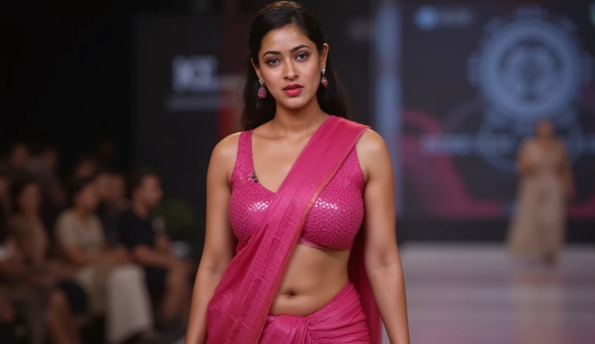 A gorgeous fit Indian model with perfect hourglass figure walking on fashion runway, toned athletic body with slim waist, enhanced voluptuous bust and curvy hips, wearing vibrant hot pink silk saree with sleeveless bralette-style designer blouse with pink sequin work, deep neckline, toned flat stomach, well-defined curves, rose gold jhumka earrings and minimal jewelry, bold seductive expression, glamorous makeup with pink eyeshadow and glossy lips, professional fashion photography, dramatic runway lighting with blurred audience background, FULL BODY SHOT from head to toe showing complete figure and feet, standing in confident runway pose, wide angle showing entire body, 8k ultra HD, 4k resolution, high definition model, photorealistic, ultra detailed, sharp focus, crystal clear, premium quality render, sexy sophisticated styling, hot pink saree draped elegantly with shimmer work, alluring confident pose

Negative prompt: overweight, fat, thick waist, heavy body, flat chest, skinny, distorted, extra limbs, deformed, blurry, low quality, low resolution, pixelated, cropped body, cut off legs, cut off feet, waist-up only, upper body only, zoomed too close, fully nude, explicit

