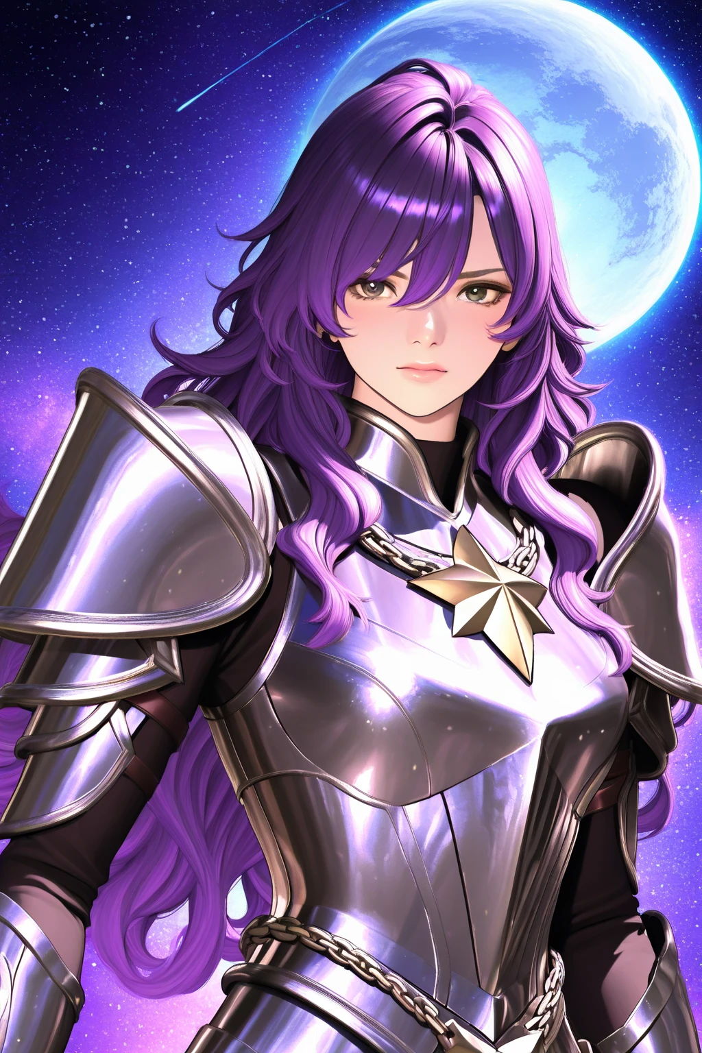 WOMAN, dark skin, dark skin, purple colored eyes, space, purple hair, blue hair, pink hair, long hair, gold armor, saint seiya, white cape