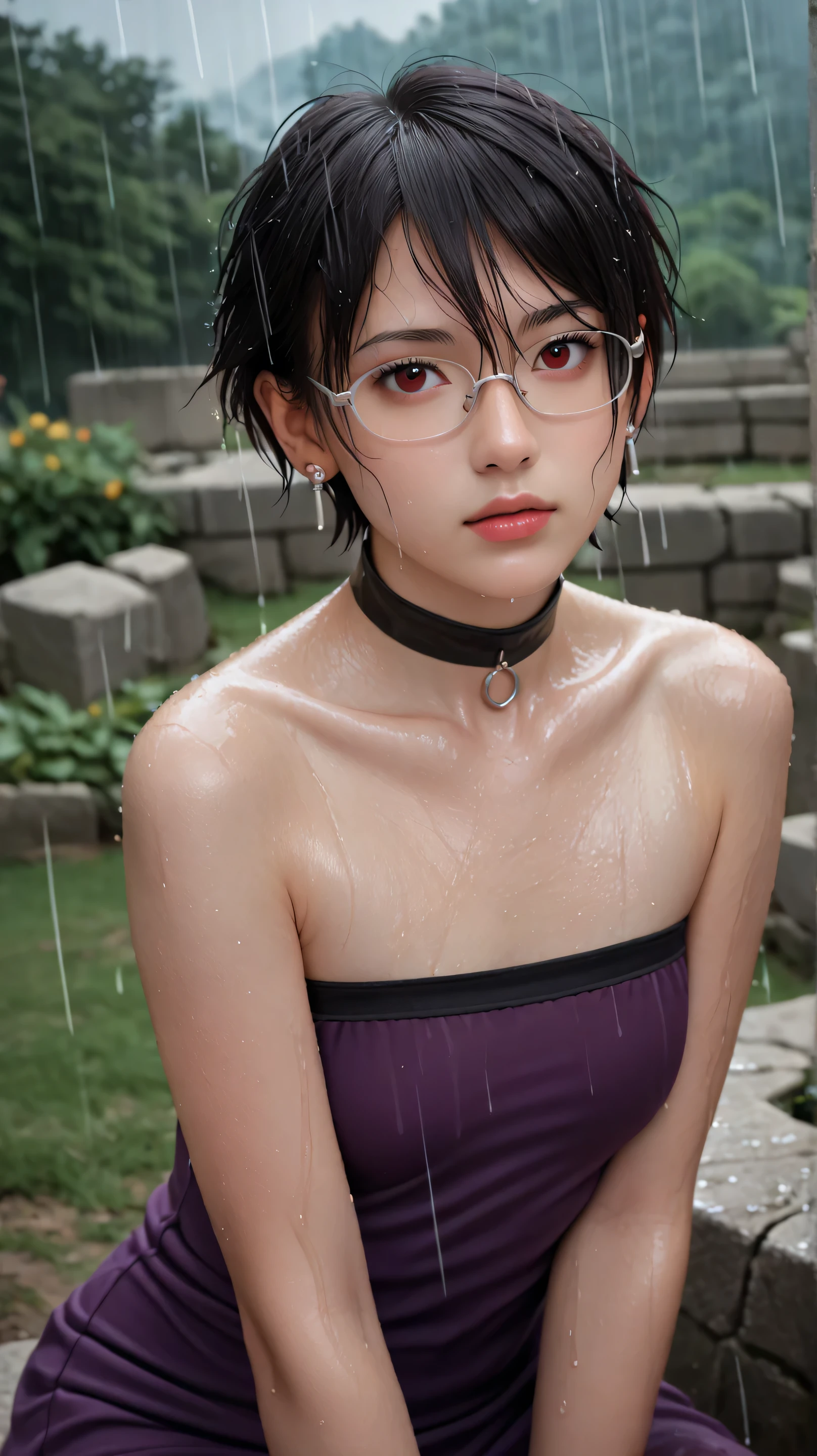 Masterpiece, best quality, 8k, ultra high resolution, photorealistic, cinematic composition,1girl, solo,sarada uchiha,red eyes,red eyes, black hair,(very short hair:1.5),outdoors,potrait,small breast,nature,sitting on ruins,navel,wear glasses,close up,earings,bare shoulders, looking at viewer,Masterpiece, best quality, 8k, ultra high resolution, photorealistic, cinematic composition.(chokers:1.5),har between eyes,grass field,(rainy days:1.5),(wear purple dress:1.5),(wet body:1.5)