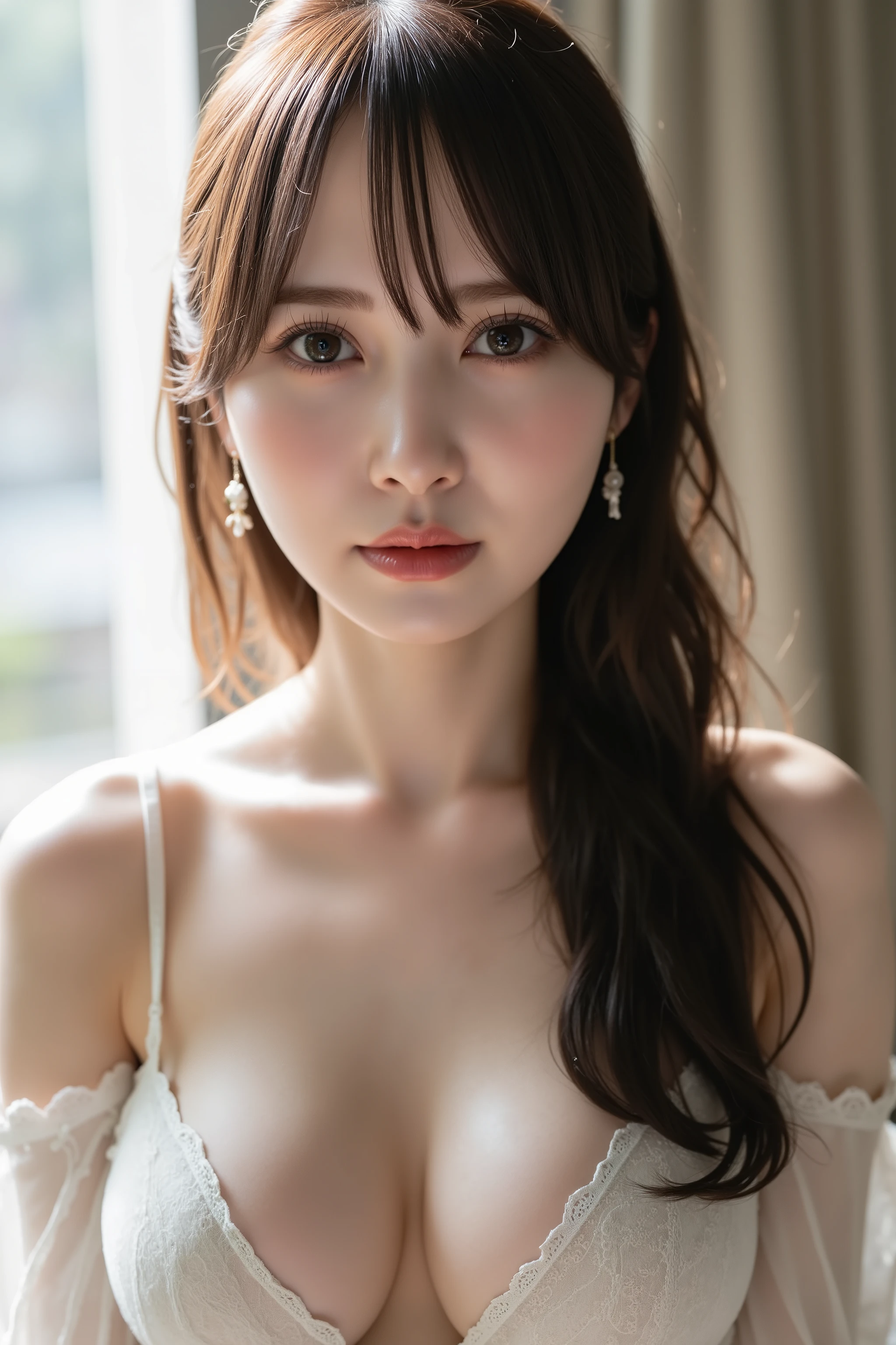 High-resolution photo of a young Japanese woman.
16K, masterpiece, high quality, ultra detailed, photorealistic, natural lighting, 
1girl, beautiful hair, big cleavage, (see through clothes, white bra, off shoulder),
her eyes are seductive, loving gaze, looking at viewer, 
An extreme close-up shot of the face, 
Fantastic landscape, particles of light, eroticism, Soft light from behind