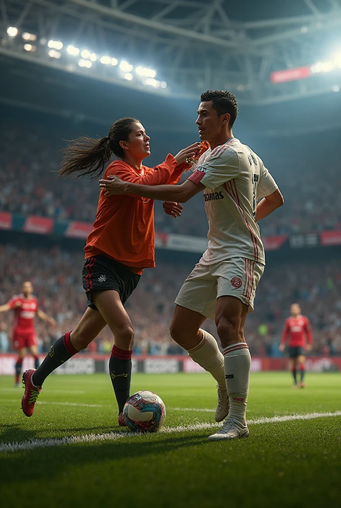 she carries the wounded man's body in her hands, she is crying for help, she is shouting out with desperation, Andrea grabs his legs and his body with her hands, the bearded man in Andrea's arms is visibly in pain, stadium atmosphere, the bearded man is lying consciousless in Andrea's arms with one arm hanging down, A scene at a soccer stadium, a bearded man lying in a caring women's arms, lying helpless in her arms with his head dangling down, he has one arm dangling down while being carried in the women's arms, There is an attractive and heavily made-up woman in a long black leather coat, A pretty woman in a shiny black leather coat on a soccer field, A wonderful woman is holding a passed out man, A man in matt and roughened sportswear is held diagonal in her arms, a man in a woman's arms and lets one arm dangling down, we see the man held in front of the woman's body, the man is cradled in the woman's arm while being carried, the beautiful woman is exceptionally heavily made up and has an extremely desperate and very angry expression on her face, high-resolution photo, realistic sports photo, soccer scene, woman in black shiny long leather coat, injury scene, real photo, ultra realistic, high definition, sports photography