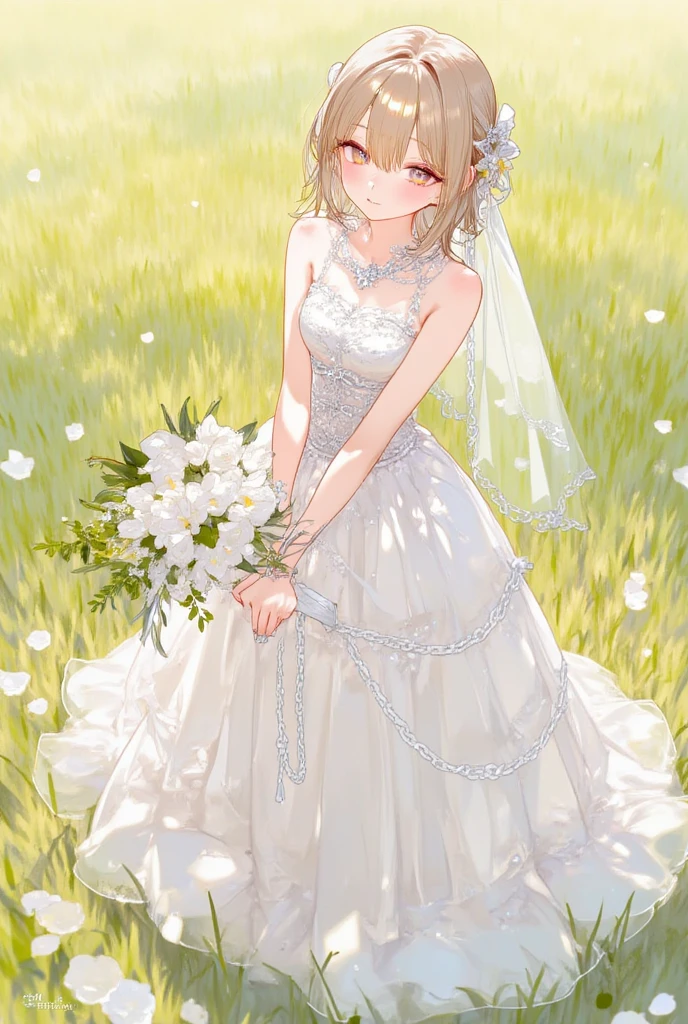 1 girl，KasuganoSora， Sora，white pantyhose，wedding dress，white gray hair，long double ponytail，bridal bouquet，wedding veil，Flower Field