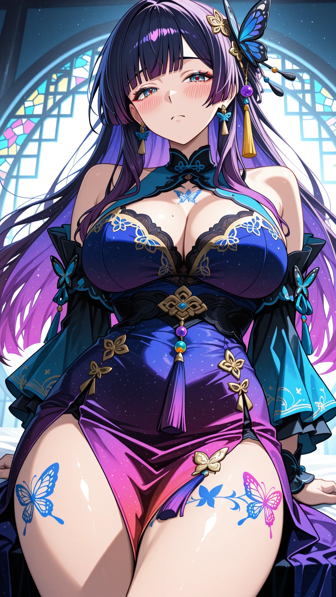 nighttime,full body,Genshin Impact:Yae Miko,(((Wearing Fluorescent fabric:harem outfit,Suzhoou embroidery technique:Lace sequin cloak woven from feathers))), Fabric Glows, Masterpiece,best quality,official art,extremely detailed 3DCG unity 8k, ( ##tattoo ##,tattoo, ~+ tattoo), (erfect female curves, huge stacked ?????? and proud cleavage),(A seductive gaze), Facing the camera, Pink lips,