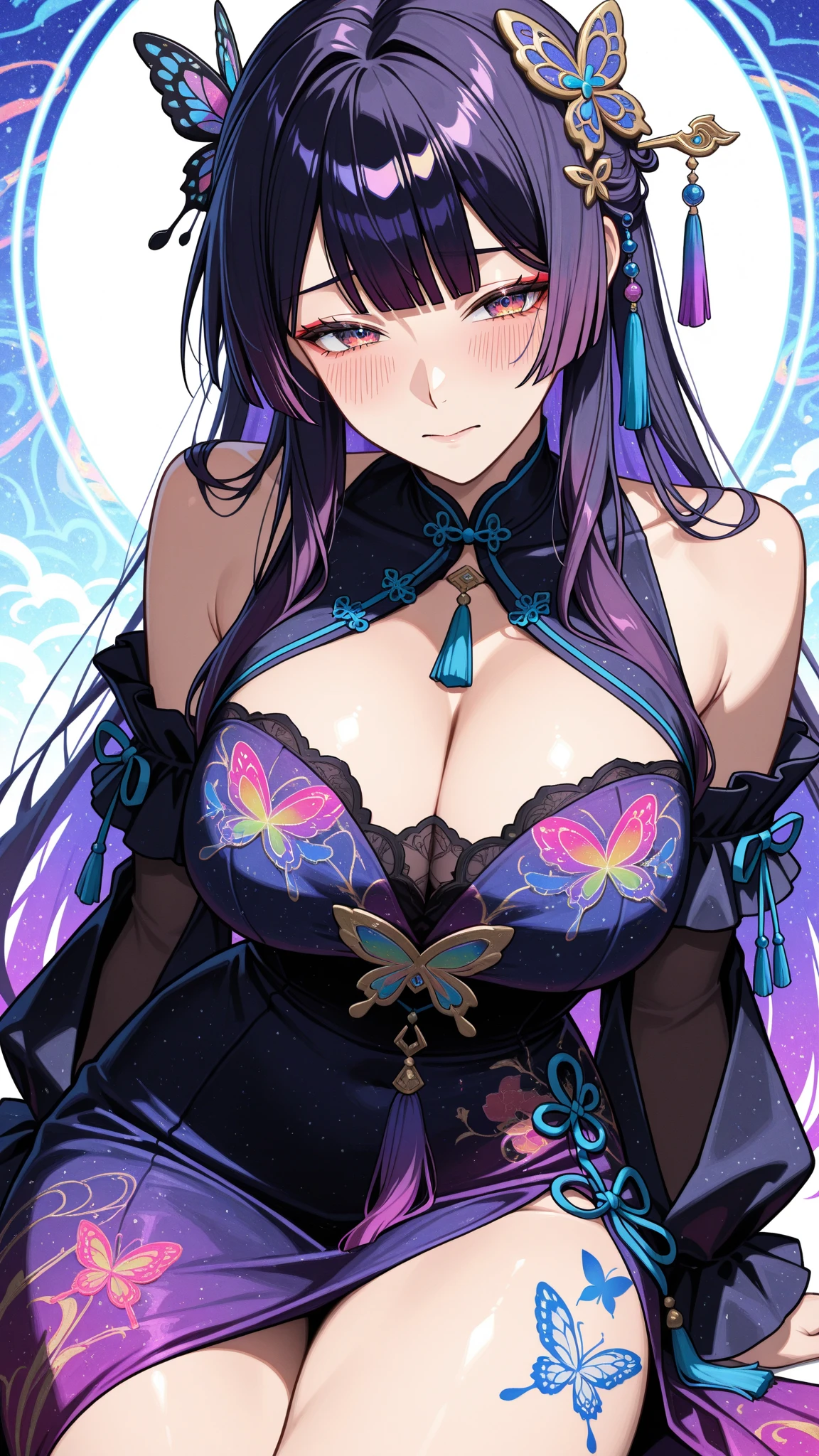 Raiden Shogun, genshin impact, black hair, purple eyes, absurdres, highres, ultra detailed, ultra-detailed background, detailed background, extremly detailed, 1girl,bunch of flowers, (zentangle:1.2), (geometric:1.2) black and white color palette, monochromatic, , cleavage, sideboob, lingerie, realistic depiction