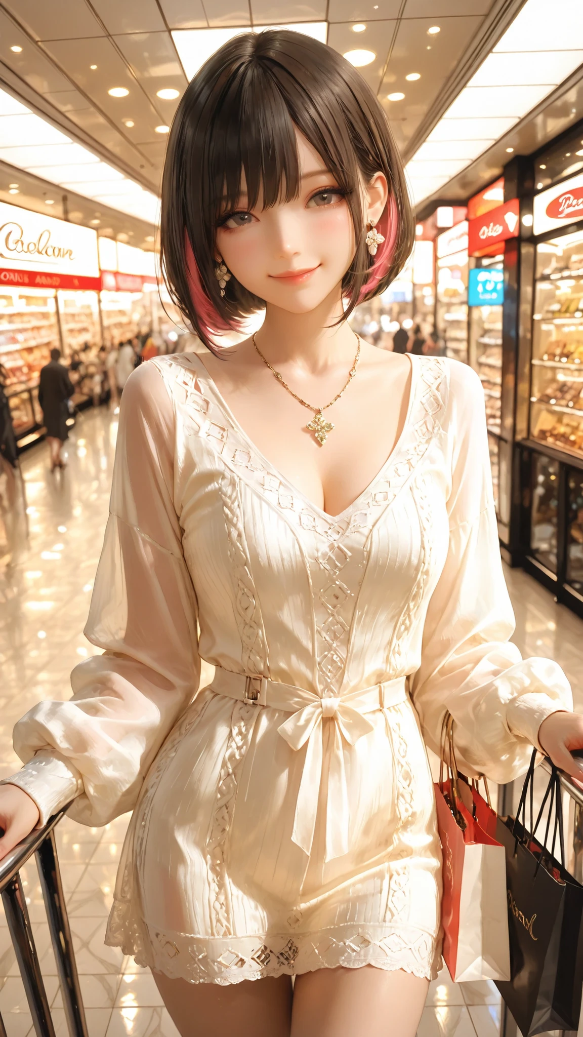 a stylish young Korean woman leaning gently against a glass railing in a luxury indoor shopping mall atrium, holding a small elegant shopping bag in one hand, posed in a slight left-side angle, soft medium-length layered bob haircut with see-through bangs, natural straight hair with a gentle inward curve and airy texture, wearing an elegant slim-fit knit bodycon dress in black with white accent trim, deep V-neckline and 3/4 sleeves, slender feminine silhouette, wearing a subtle and luxurious jewelry set (delicate necklace and small elegant earrings) that enhances her graceful aura, a chic and subtle confident smile, sophisticated and graceful presence, polished marble floor and bright natural daylight, upscale modern architecture with high ceiling and glass panel structures, blurred store signs and brand shops in the background for soft depth, cinematic soft lighting, high-end fashion photography style, shot on a 50mm portrait lens with shallow depth of field, high contrast glossy highlights, modern luxury vibe