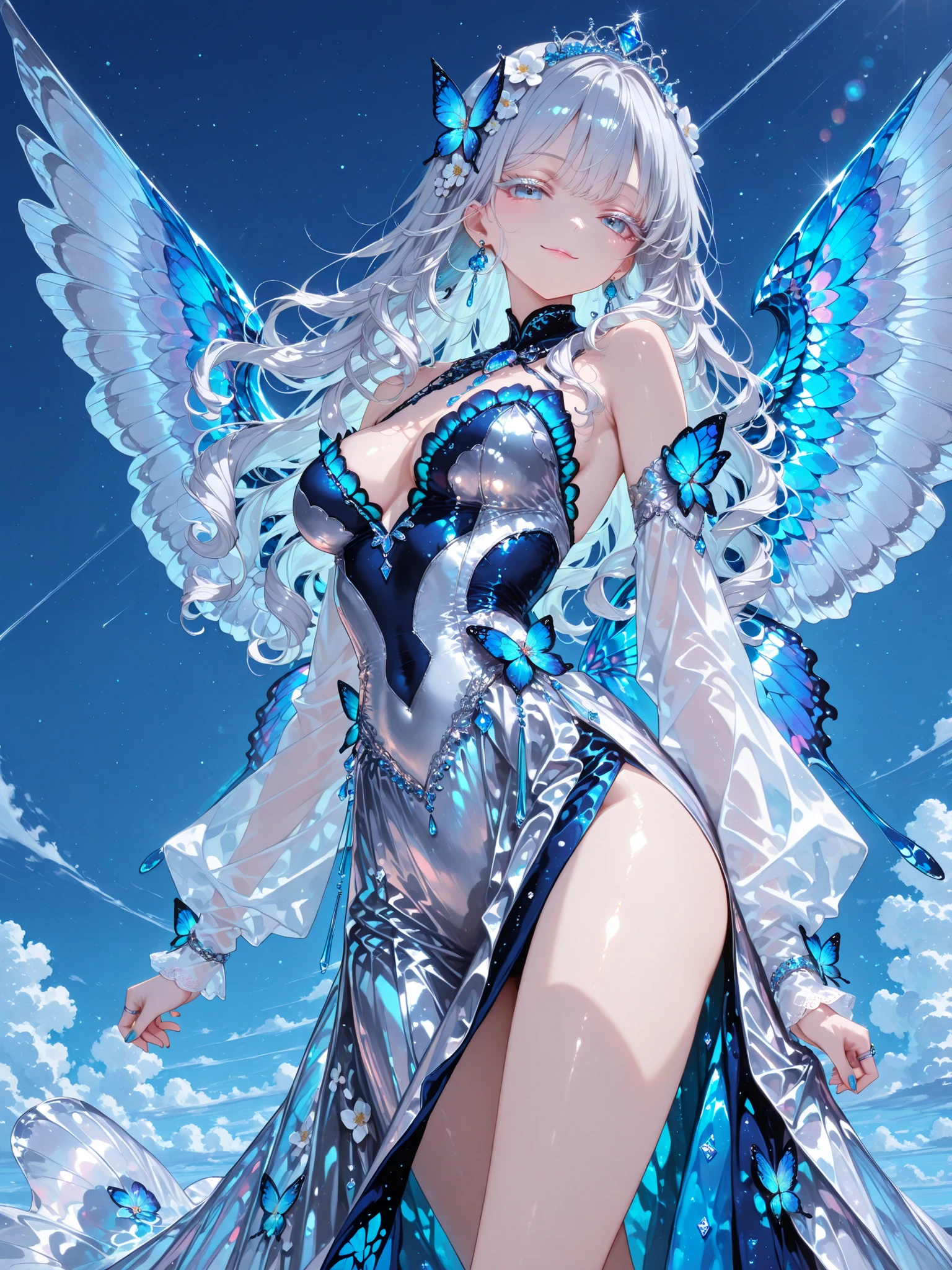 solo girl, (blue gray eyes), (white long hair、White eyelashes), (blue gradation highlights), Wavy Curl, One-sided knitting, gem earrings, flower hair accessories, ring, blue nail polish, seductive smile parting hair, Butterfly Personification, The young and active queen spread her wings and、(( flying high in the sky :1.3)), Blue Hour, Aerial, a scene like a graceful dance step, dynamic pose, fantastic scene, masterpiece, Highest Quality, Anime Artwork, very beautiful face, (detailed eyes), Perfect Eyes, high resolution, detailed background, ultra fine illustration, depth of field, complicated details, A sophisticated look, beautiful attention to detail, very aesthetic, Rich Lighting, Wonderful, charming, absurd、Flare Skirt