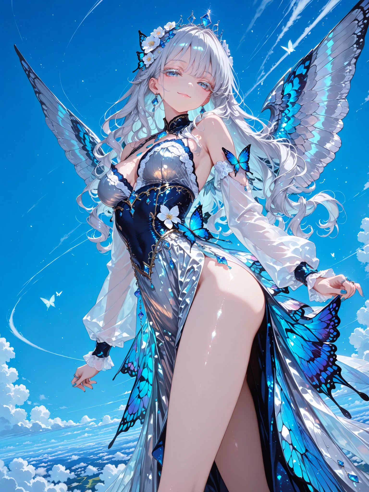 solo girl, (blue gray eyes), (white long hair、White eyelashes), (blue gradation highlights), Wavy Curl, One-sided knitting, gem earrings, flower hair accessories, ring, blue nail polish, seductive smile parting hair, Butterfly Personification, The young and active queen spread her wings and、(( flying high in the sky :1.3)), Blue Hour, Aerial, a scene like a graceful dance step, dynamic pose, fantastic scene, masterpiece, Highest Quality, Anime Artwork, very beautiful face, (detailed eyes), Perfect Eyes, high resolution, detailed background, ultra fine illustration, depth of field, complicated details, A sophisticated look, beautiful attention to detail, very aesthetic, Rich Lighting, Wonderful, charming, absurd、Flare Skirt