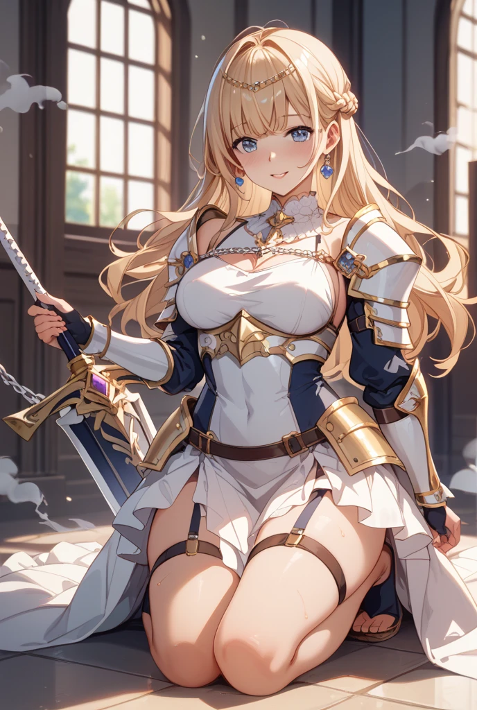 Very beautiful woman、Slender women、(Detailed face)、Realistic Skin、((Holy Knight)), ((Armor made of gold))、((((Extremely detailed and intricately decorated armour:1.1))))、((Delicate photo))，(Girl Astepeace RAW Photo Details:1.25), (Highest quality:1.6), (Ultra-high resolution:1.5), (Realistic:1.75), 8K resolution, Canon EOS R5, 50mm, Absurd, Super detailed,Cinema Lighting,((Fightfield))、((Fight))、(((White embellished micro skirt)))、Lace patterned high leg panties:1.2,Thigh-high socks、Shingard、((blonde))、((Curly Hair))、((Drill Hair))、((Wavy long hair,))、Cape、Beautiful Armor、(((Has a huge weapon)))、(In combat)、The wind is blowing、((Symmetrical armor))、((((Blizzard))))、(((Lead a large group of knights:1.2)))、banner、(((Battle Scenes)))、((Browsing Caution:1.2))、(((I can see her panties:1.4)))、、((Skirt lift in the wind:1.4))