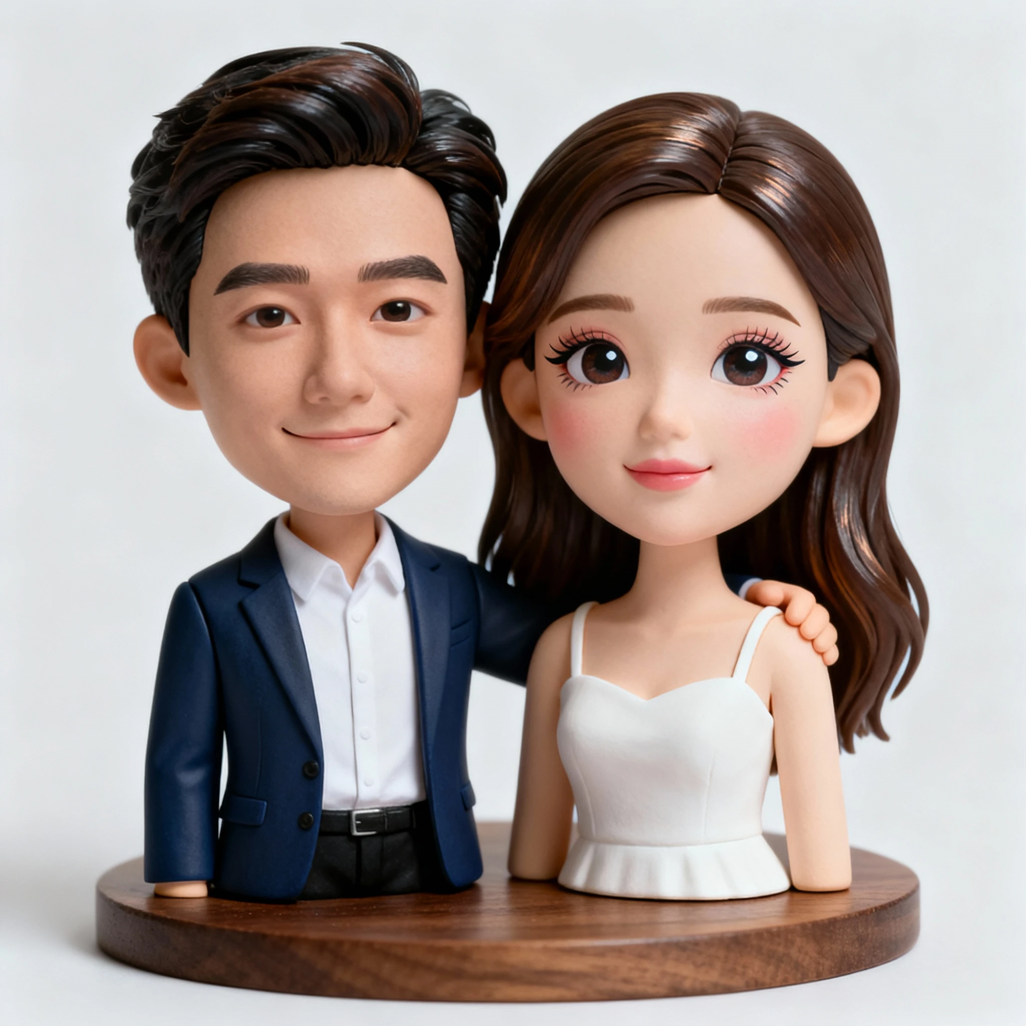 anime style, couple, asian man, man black suit and blue tie, brunette woman, woman in blue dress, cute blue dress