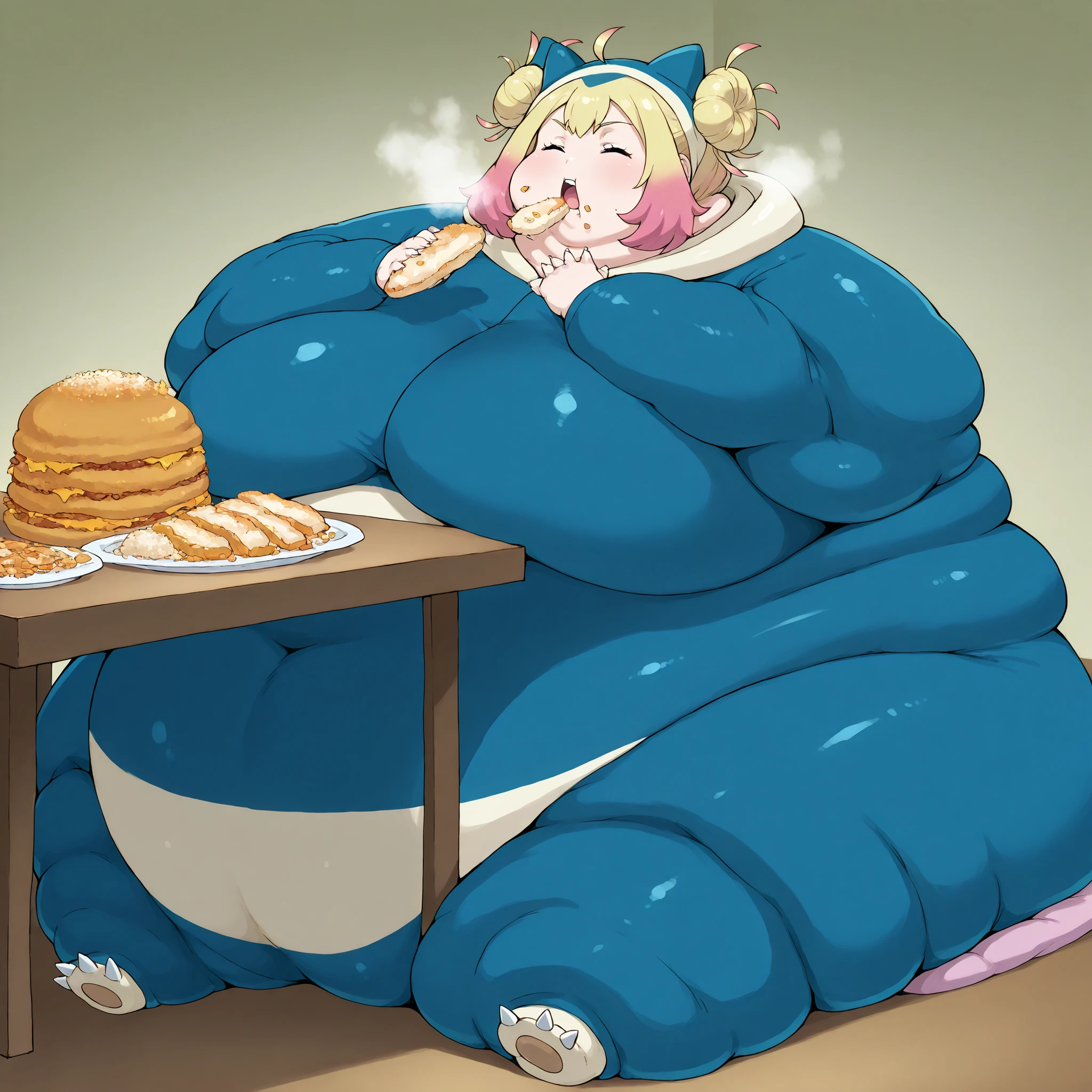 Snorlax cosplay, snorlax, pokémon (creature), blue body, eyes closed, teeth, claws, taunie, aged up, taunie \(pokemon\), pink hair, blonde hair, gradient hair, multicolored hair, single hair bun, ahoge, blue eyes, short hair, sidelocks, pokemon cosplay, Snorlax cosplay, fat, chubby, obese,, big breasts open mouth, out of breath, Larger female, full body shot, sitting down, in front of tones of food, table, eating food, food in mouth, food in hands, rush of food