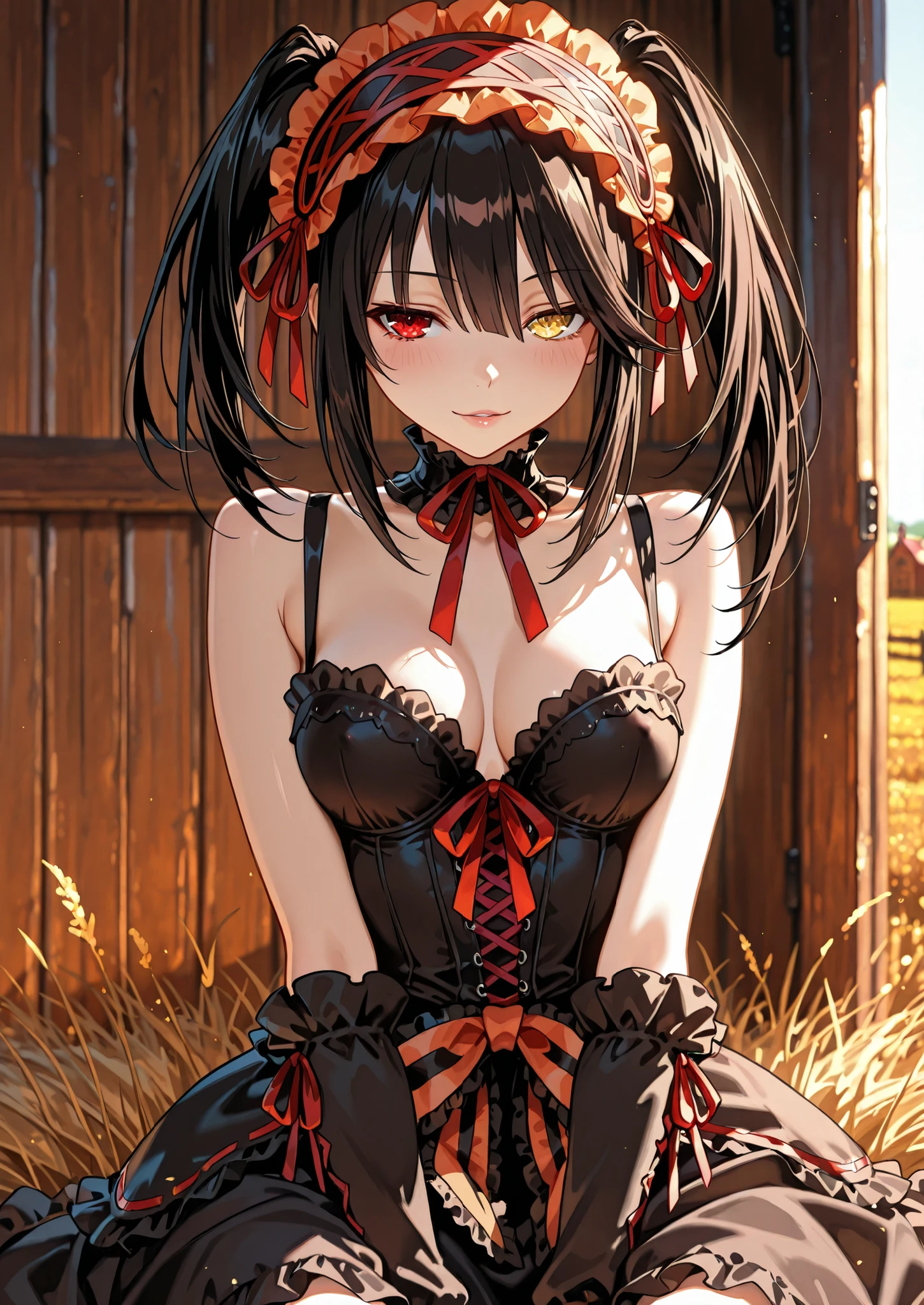 1girl, solo, tokisaki kurumi, date a live, heterochromia, lolita fashion, naturally sagging medium breasts, sitting on hay, barn, medieval fantasy farm, seductive, sexy pose, alluring atmosphere, cinematic lighting and shadows, beautiful lighting and shadows, BREAK, masterpiece,top quality,warm color,high resolution,high fashion,absurdres extremely,vivid colors,intricate details,best quality,amazing quality,very aesthetic,newest,ultra-detailed, nsfw,