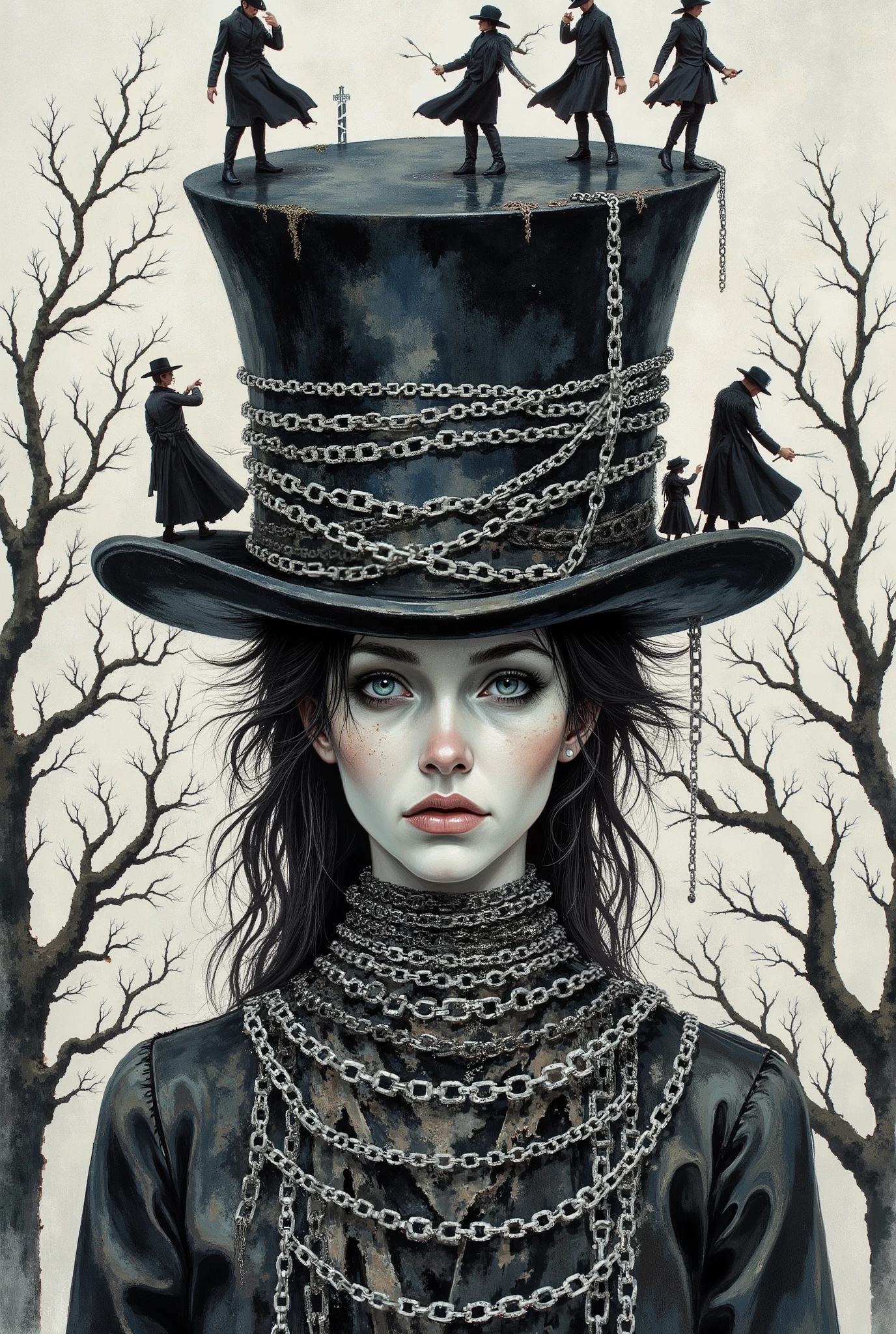 "The Mad Hatter" by Hypatia of Alexandria women. A grim digital work that depicts a pale-skinned woman with a serious face, swinging a tall black top hat.The cylinder is wrapped in rows of sparkling white silver chains. Silhouettes of men climb the chains on the hat and stand on it, and the bare branches of the trees create a gloomy atmosphere. The background is done in watercolor in dark, grainy tones