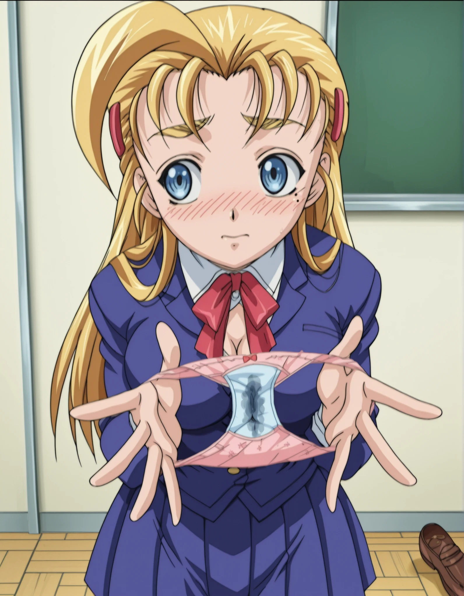 score_9, score_8_up, score_7_up,anime_screenshot,OFFICIAL ART,anime coloring,uncensored, official anime artwork, screencap, anime screencap,BREAK,(nsfw:1.2),sysdeep_miu, miu,1girl, 18yo,solo, blonde hair, long hair, blue eyes, mole under right eyes, slim waist, large breast,large hips,BREAK,fuurinkan highschool uniform,dress shirt, red bow,blue blazer,blue pleated skirt,white socks,brown Loafers,BREAK,blush,embarrassed,BREAK,standing, cleavage, holding panties,detailed red lace panties, cameltoe, presenting removed panties, pussy juice stain,BREAK,upper body,looking at side,front view,BREAK,indoor,classroom