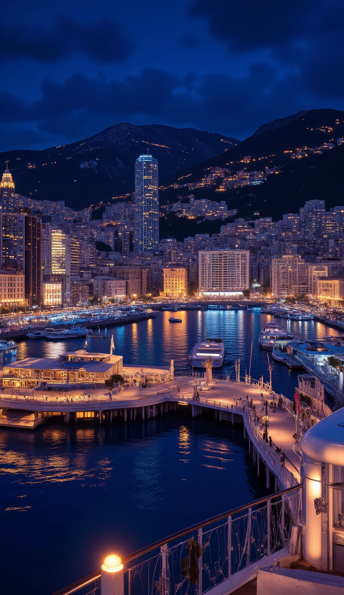high-definition images、View from a cruise ship、Night view of Monaco in anime style