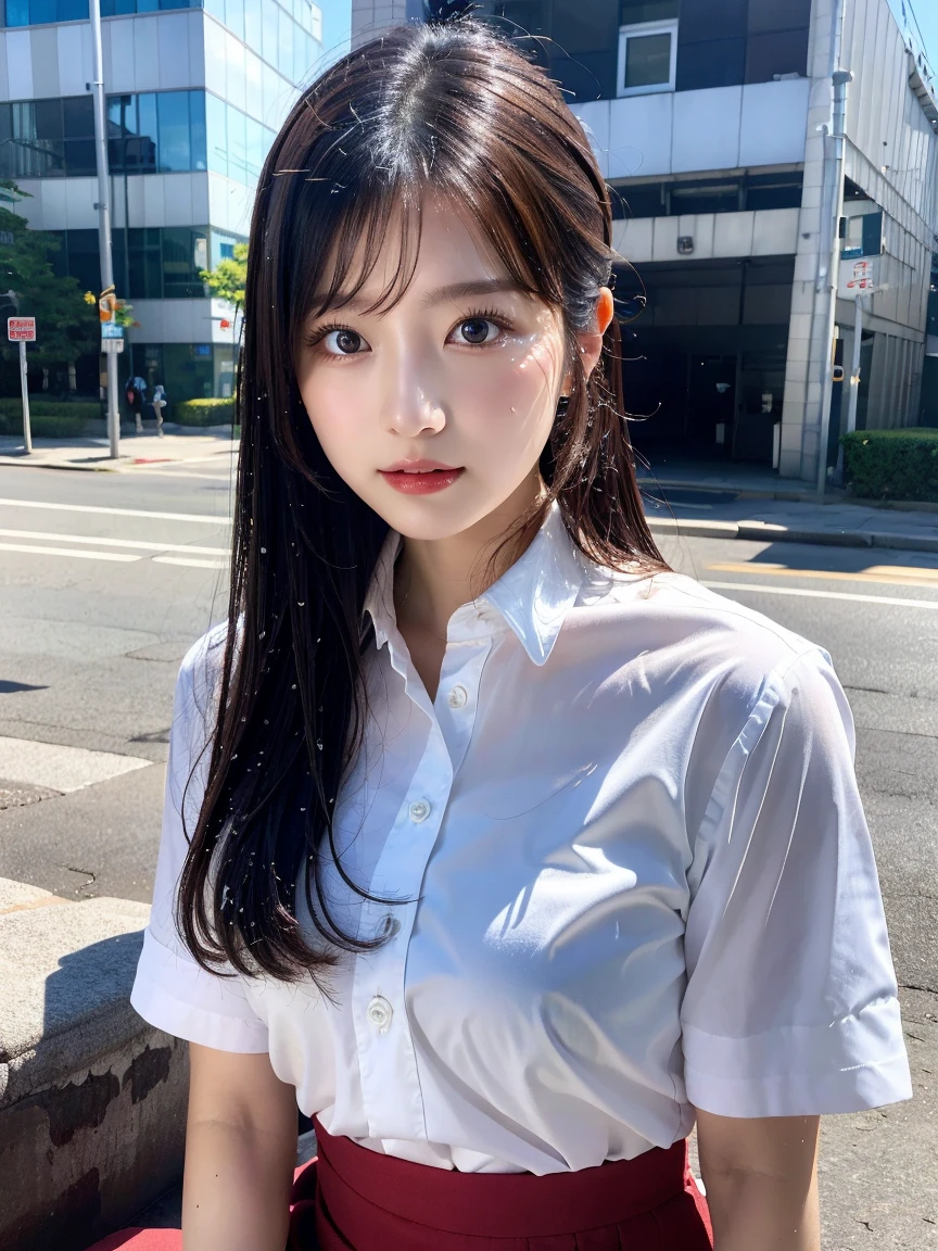 sidewalk, RAW photo, 8K, highest quality, super high resolution, beautiful face details, real human skin, gentle expression, front view, angle from below, long hair, realistic, realistic, cute, short skirt, standing deep in the city, cute , japanese  uniform, wearing Japanese , surreal high school girl, full body, Large ,