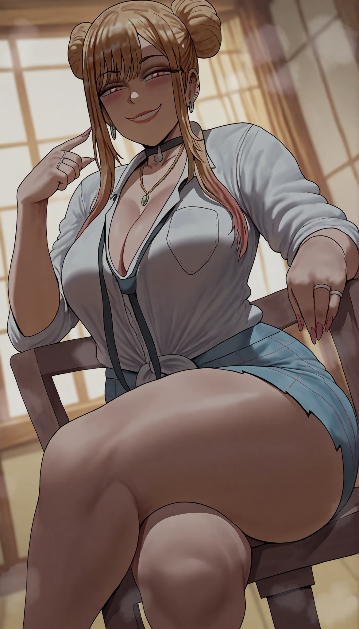 Shexyo style, 1woman, mature, from front, marin kitagawa, my dress up darling, tshirt, medium skirt, round , curvy, large , thick muscular thighs, wide curvy , voluptuous body, Curvy body, thicc woman, smilling, lips,  face, smug, medium shot,  pose, looking at viewer, fully clothed, solo, happy, at home, hair bun, married woman, marriage ring on finger, sit in chair, legs crossed, from below, dynamic angle 