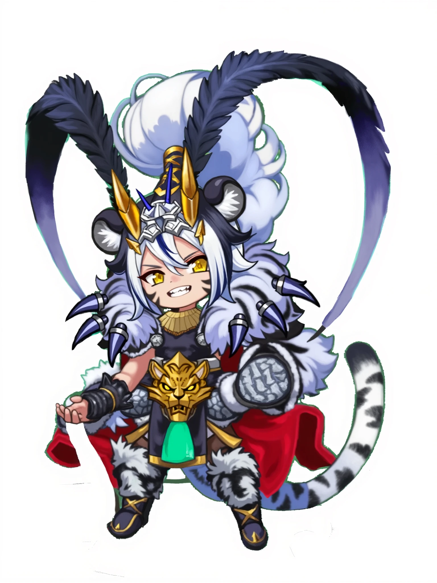 Chibi fantasy warrior character inspired by a white tiger, muscular but ...