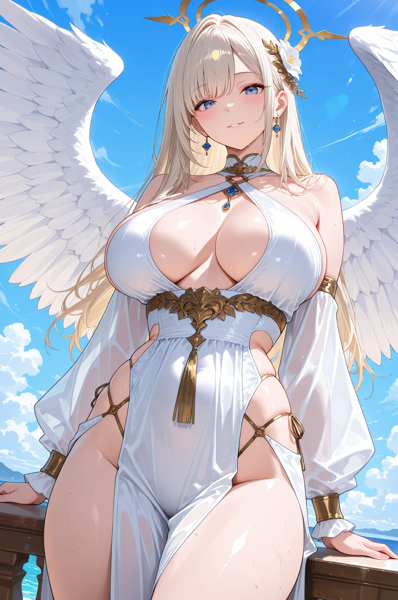 anime、最high quality, high quality, 8K、High resolution,Highest quality、solo、Adult woman in white ?????? with wings on her ????? viewed from below,Blonde hair and blue eyes、Plump、Thighs、Open Mouth Smile、super Wide Angel, animeの女神, Majestic angel all over the body, Wide Angel, Highly detailed art gems, Spectacular angles and poses, Beautiful angel, Huge and stunning goddess shots, chic, Angela White, Tall female angel, 美しく魅力的なanimeの女性, Angel Knight Girl, She has angel wings on her back