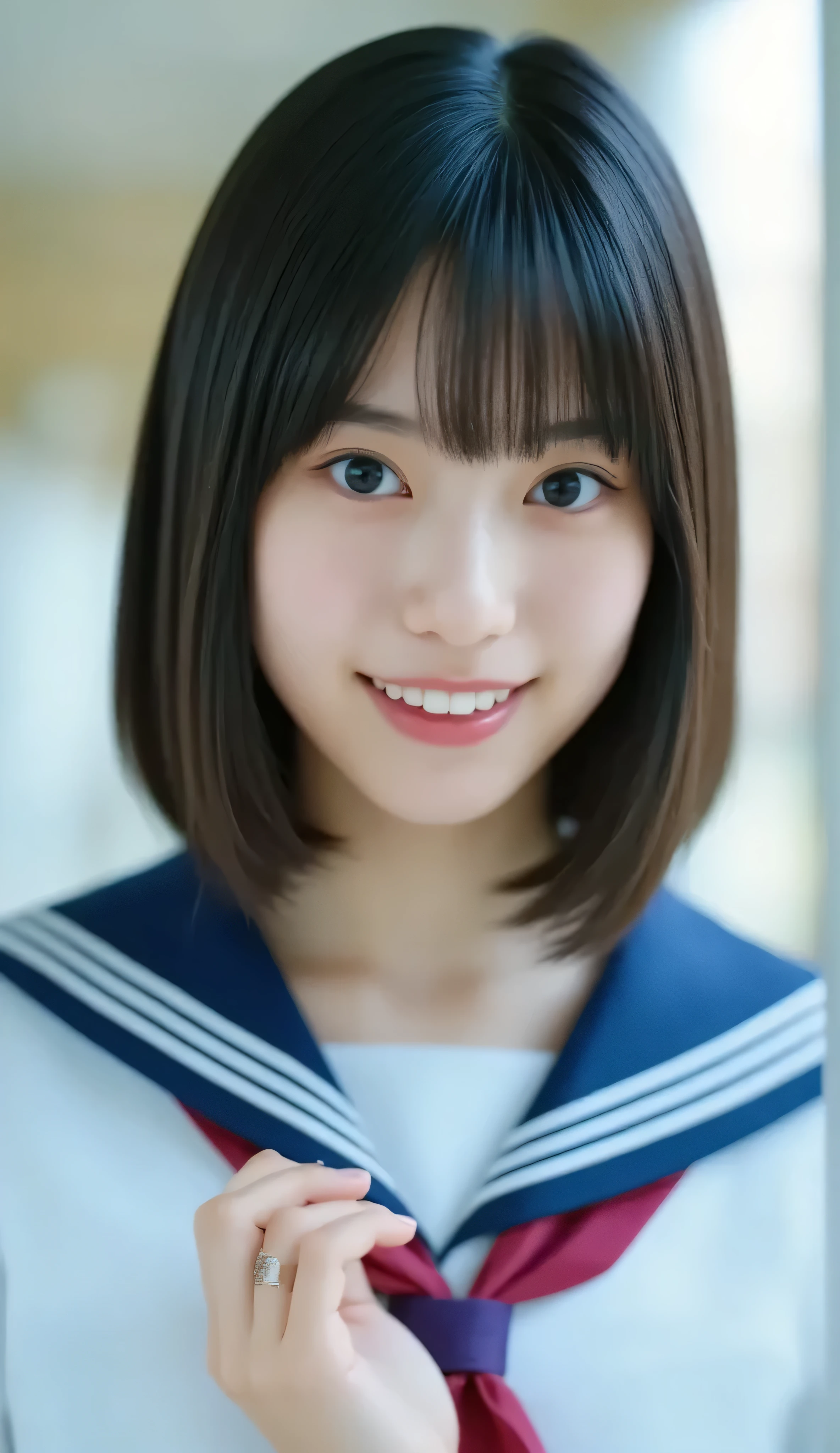 nsfw,((photoRealistic)), (Realistic), (Ultra High Definition), Highest Quality, masterpiece, high school sailor suit,school,Full Body,Skirt,ray tracing, ((Japanese woman)), ((tiger teeth)), high definition face, high resolution fingers, gazing at the viewer, front view,middle brown hair