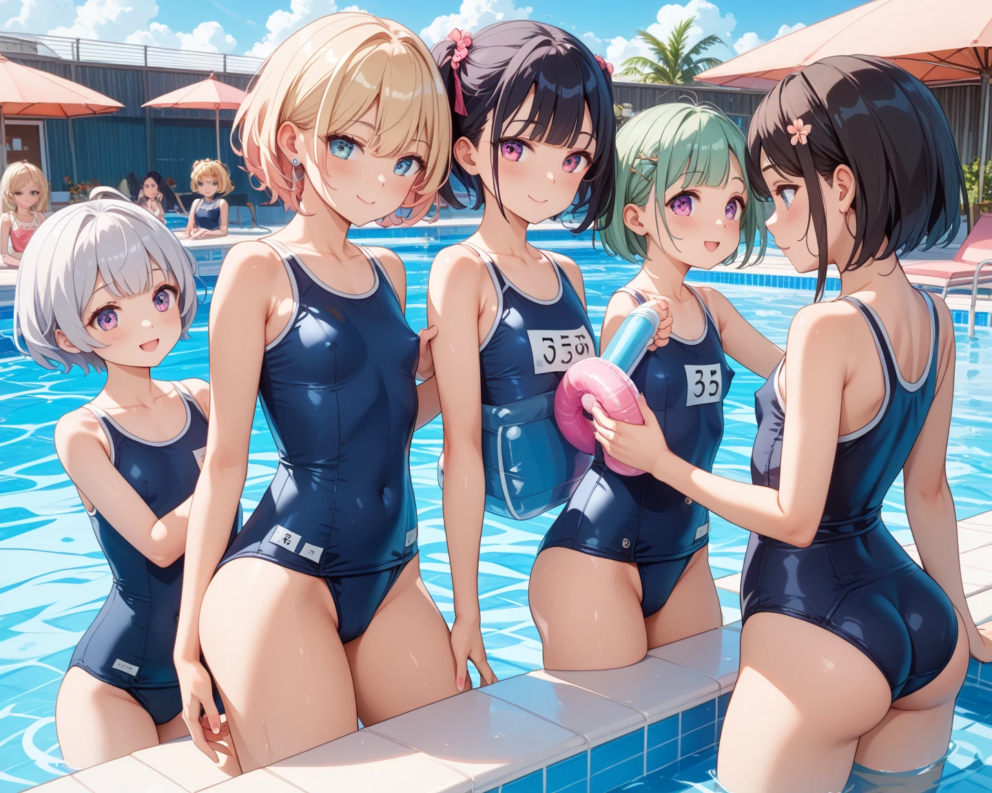 high-level image quality、top-quality、Full limbs、complete fingers、Slender beauty、1 persons、ssmile、embarassed expression、Bery short hair、Yellow School Swimsuit、Blue knee high、standingn、Grow legs、Turn around