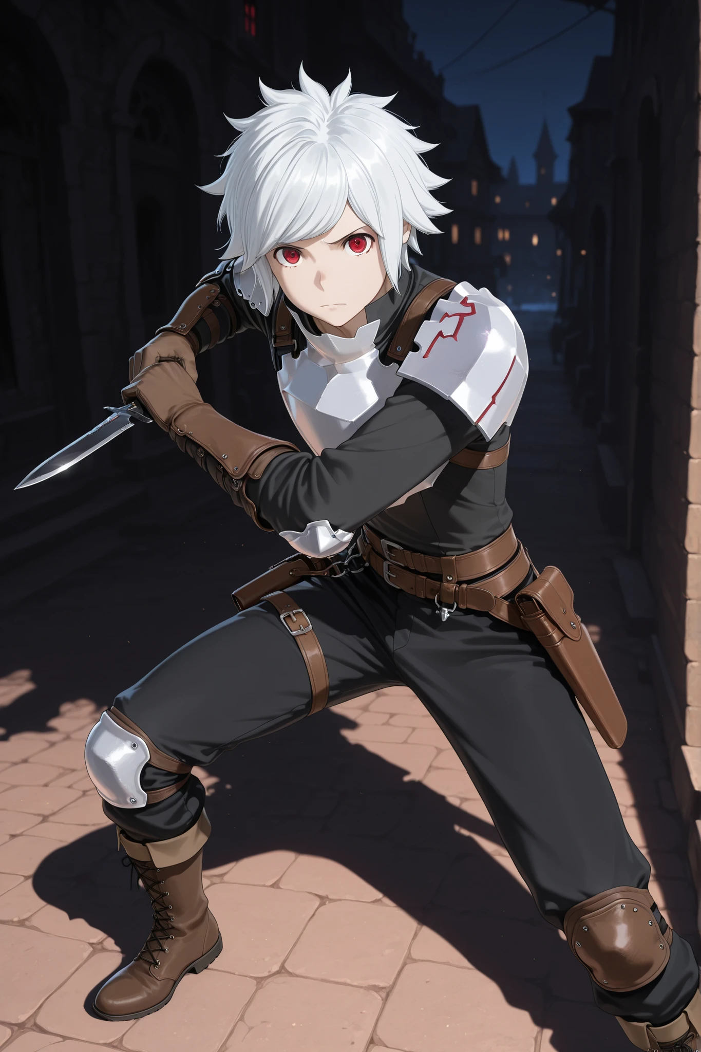 belcranel, 1boy, male focus, solo, white hair, red eyes, armor, shoulder armor, brestplate, shirt, black shirt, long sleeves, arm armor, gloves, brown gloves, belt, pants, black pants, holster, boots, brown footwear, knee pads, black knife, holding black knife, fight stance, looking at viewer, night, dark alleyway background, (masterpiece),(best quality),(ultra-detailed),(best illustration),(best shadow),(absurdres),(detailed background),(very aesthetic),