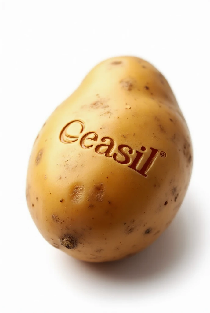 A realistic potato with detailed texture, brown and earthy skin with small visible pores, the Ceasil logo elegantly engraved on the surface, professional studio lighting, Clean white background, high definition macro photograph, sharp focus, soft shadows, commercial and professional look