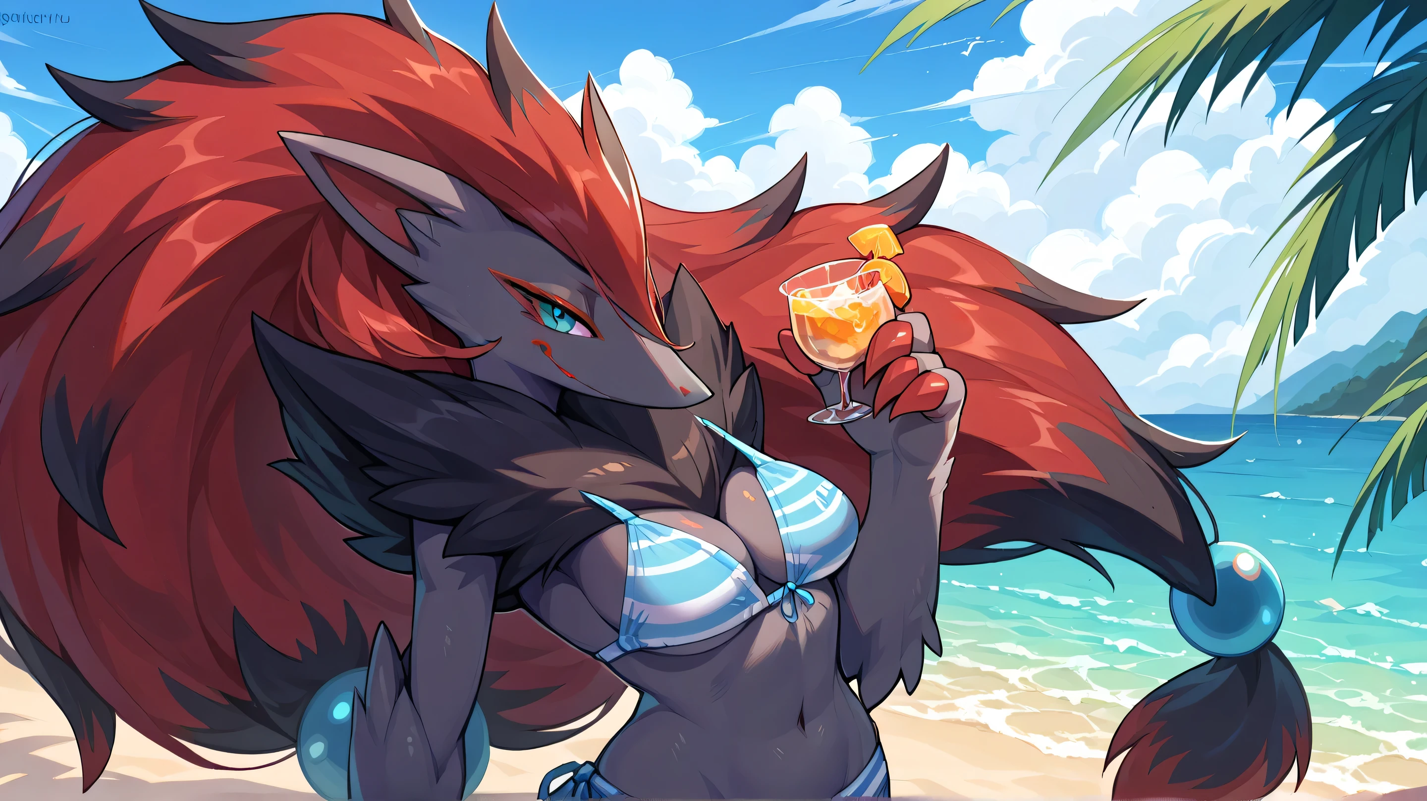 A solo female Zoroark with medium sized breast wearing a white in light blue outline bikini standing at a beach tidying up her purple and black mix hair. The Zoroark is facing three quarters to the left. The Zoroark has a blue right eye and red left eye. The Zoroark looks to the left and gives out a gentle smile. The sky is light blue and have a line of clouds at the horizon.