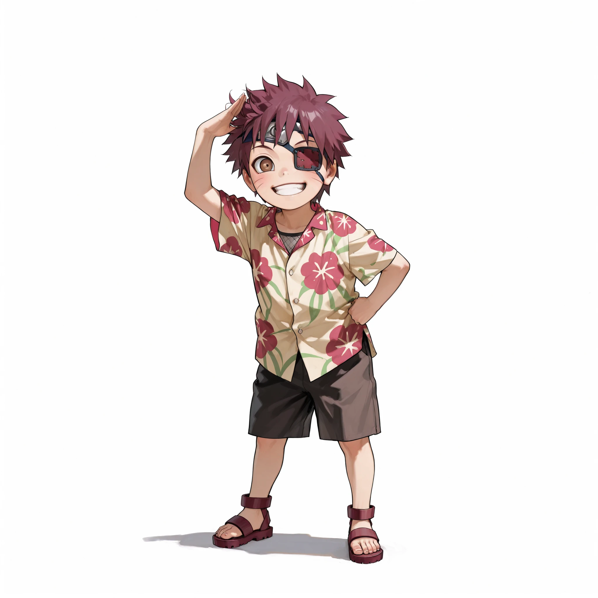(male), (child boy), (small body), (short messy maroon hair), (brown eyes), (pirate eyepatch on left eye), (cheerful expression), (solo), (single character), (full body version), (white background), (no background), (highly detailed), (shadow), (standing playful pose), (natural light), (detailed outfit), (detailed hand), (detailed face), (detailed hair)
Wearing a colorful short-sleeved Hawaiian shirt, beige shorts, and simple sandals. (Naruto style art)