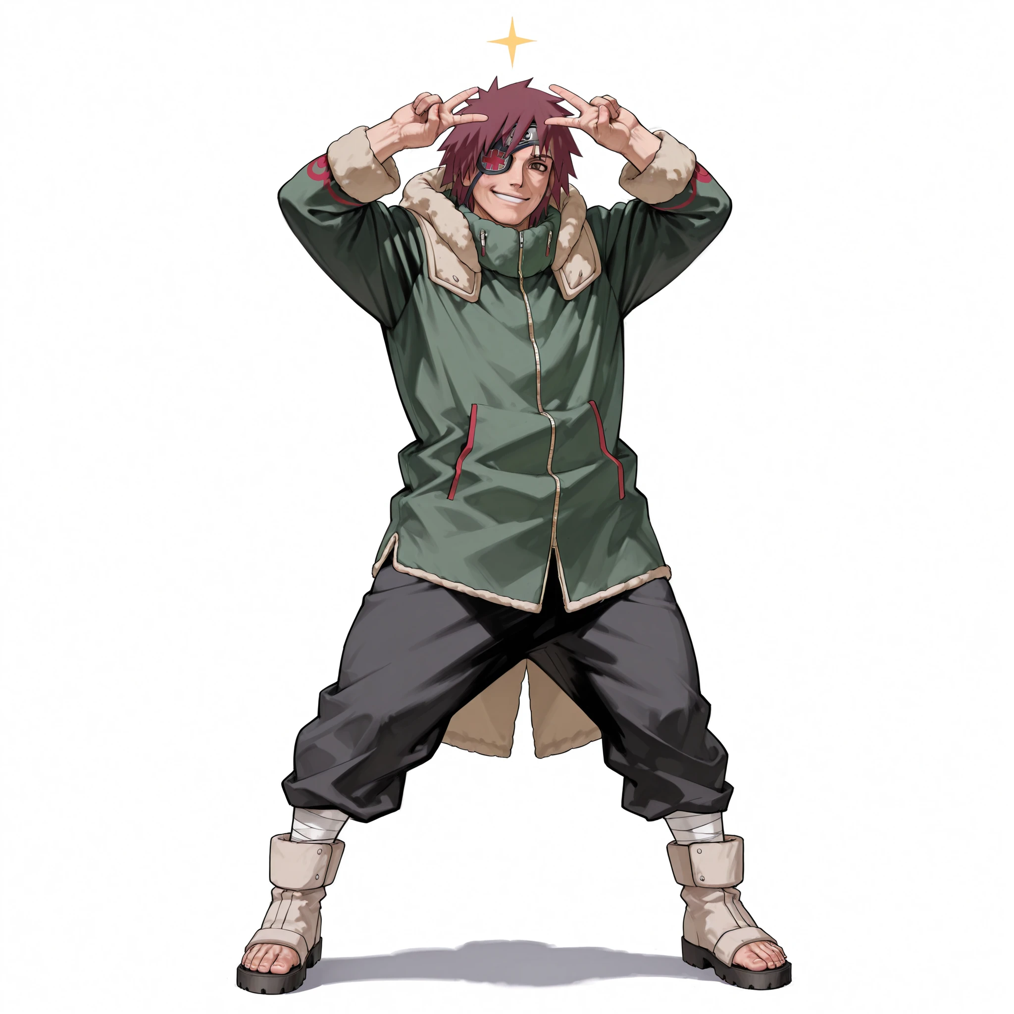 (male), (adult man), (tall body), (fit build), (short messy maroon hair), (brown eyes), (pirate eyepatch on left eye), (confident smile), (solo), (single character), (full body version), (white background), (no background), (highly detailed), (shadow), (standing pose with peace sign), (natural light), (detailed outfit), (detailed hand), (detailed face), (detailed hair)
Wearing a long olive green winter parka with fur hood, black fitted pants, and light brown winter boots. (Naruto style art)