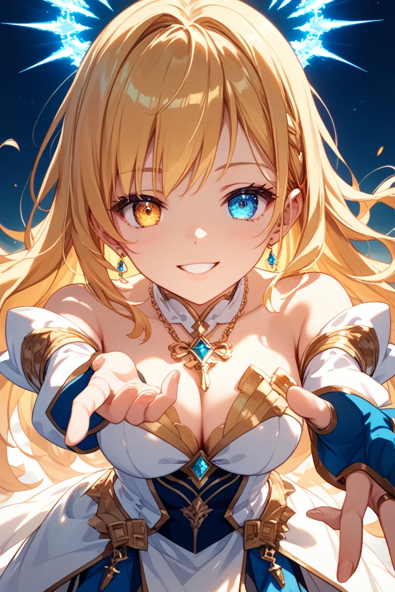 (blonde:1.2),(long hair with curls:1.25),(No bangs:1.25),(A crystal-like clear round gem in the middle of the forehead:1.3),(light pink and blue eyes:1.3),(clergyman:1.3),(White, light blue, blue, and navy blue monastic robes:1.3),(hat with a veil:1.25),(blush:1.2),(small :1.65),(close up of face:1.2),(Front perspective:1.5),(A sphere like a crystal ball:1.45),(Luxury gold-framed arcana card motif:1.6),(Smile slightly:1.3),(close up of face:1.1),(:1.2)