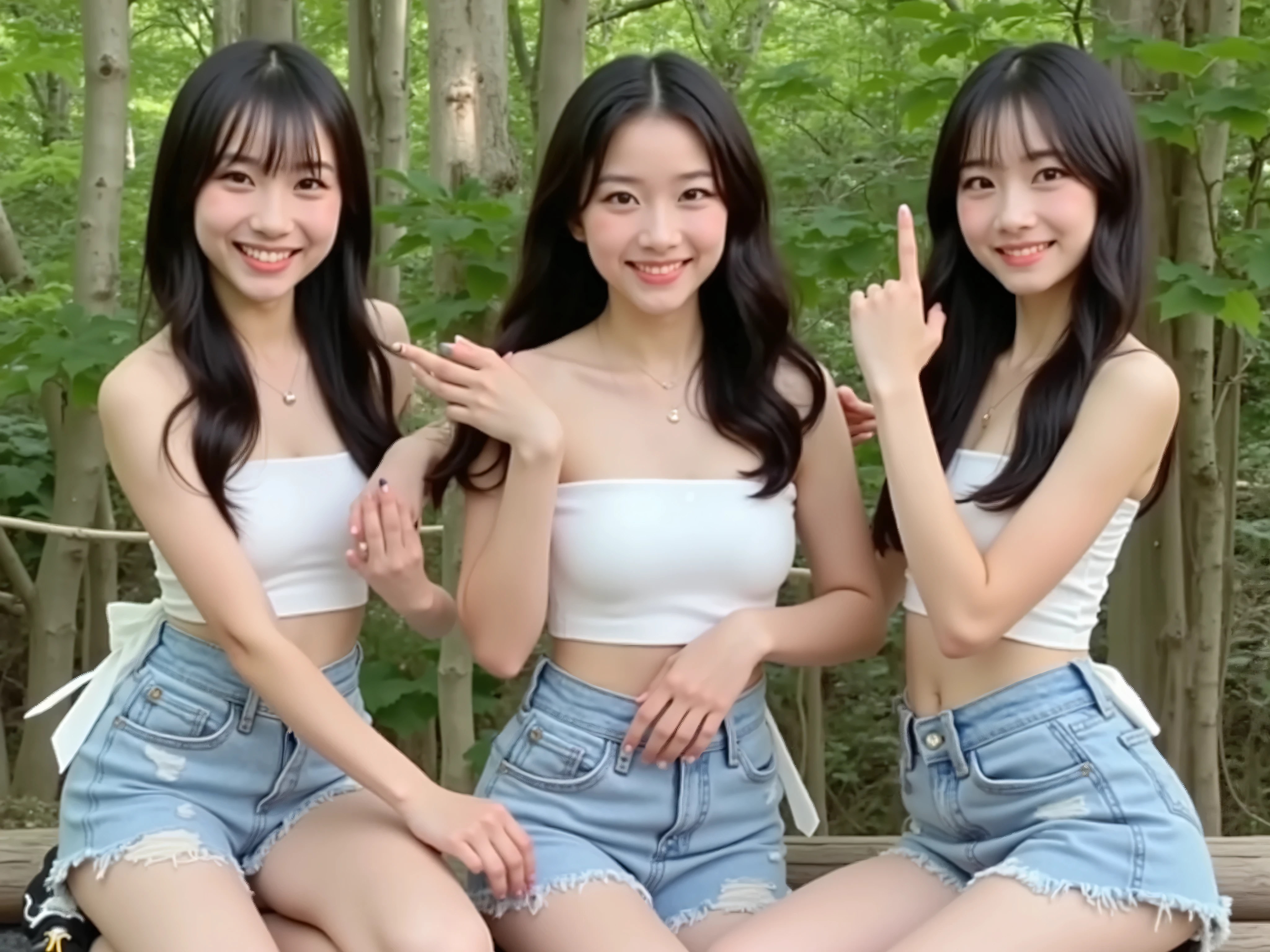 (((white tube top and blue low-rise denim shorts、belly button out、and my stomach sticks out、thighs、15 year old girls 、3 cute Japanese high school girls、))),everyone seems to be having fun at the campsite in the forest、Mr.々What kind of person 々,let's eat meat at BBQ together,everyone is smiling and having fun,Give me meat
、smiling face staring at viewers、sexy pose、Raise Your Arms to Show Your Armpits、Mr.々Hair length、