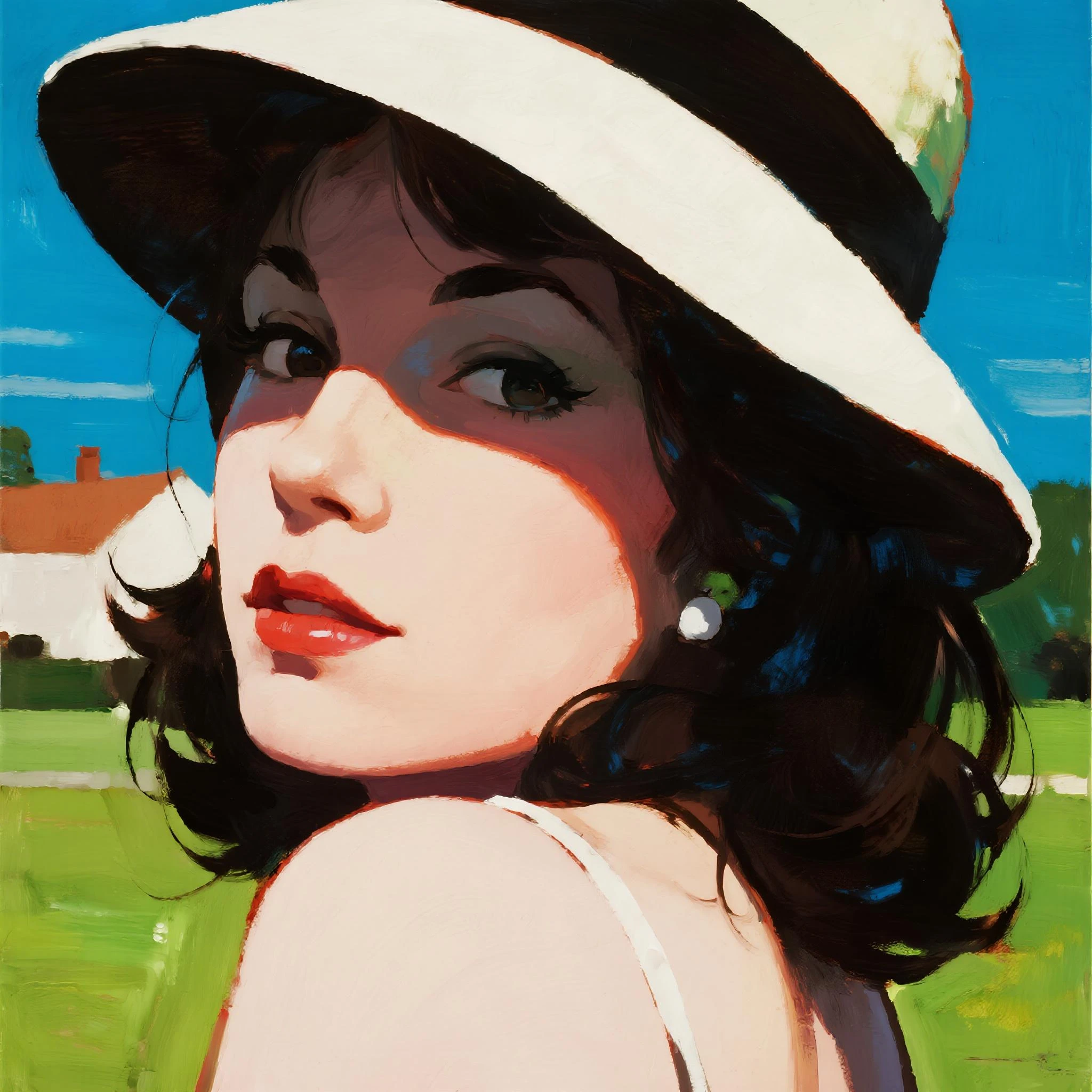 A watercolor painting in the style of Norman Rockwell. A pale skin muscular 18 year old girl brunette dressed as a cop with . In a public street