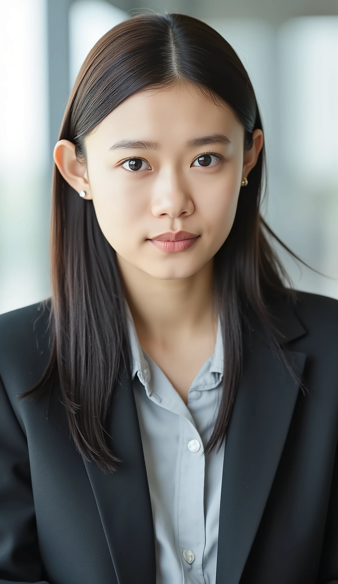Neat Young Woman、looking at the camera、office lady suit、jacket、shirt、ear piercings、、髪型セミロング、 、無表情、口を閉じている、、face close-up、The background is office
Video Generation