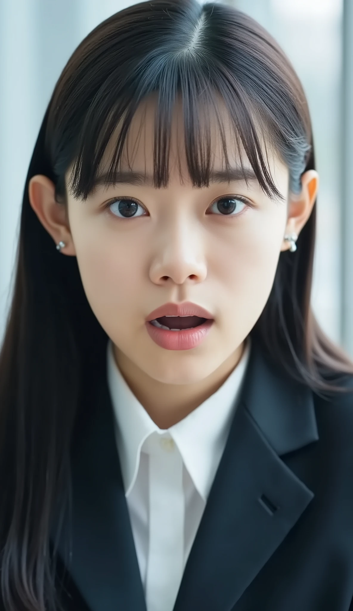Neat Young Woman、looking at the camera、office lady suit、jacket、shirt、ear piercings、、hairstyle semi-long、has bangs and is making a small scream 、No expression、has closed its mouth、、face close-up、The background is office Video Generation