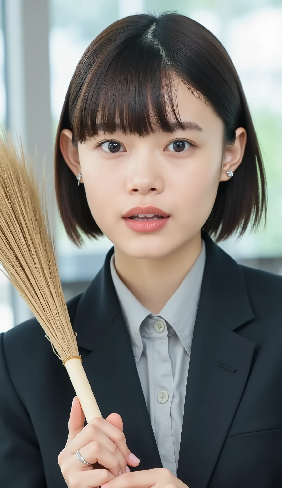 Neat Young Woman、looking at the camera、office lady suit、jacket、shirt、ear piercings、、hairstyle shortcut、wave hair carrying a bamboo broom 、has bangs and is making a small scream、No expression、has closed its mouth、、face close-up、The background is office

Video Generation
